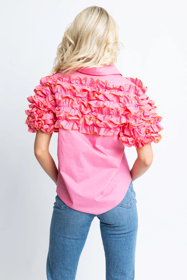 RUFFLE BUTTON UP TOP - PINK