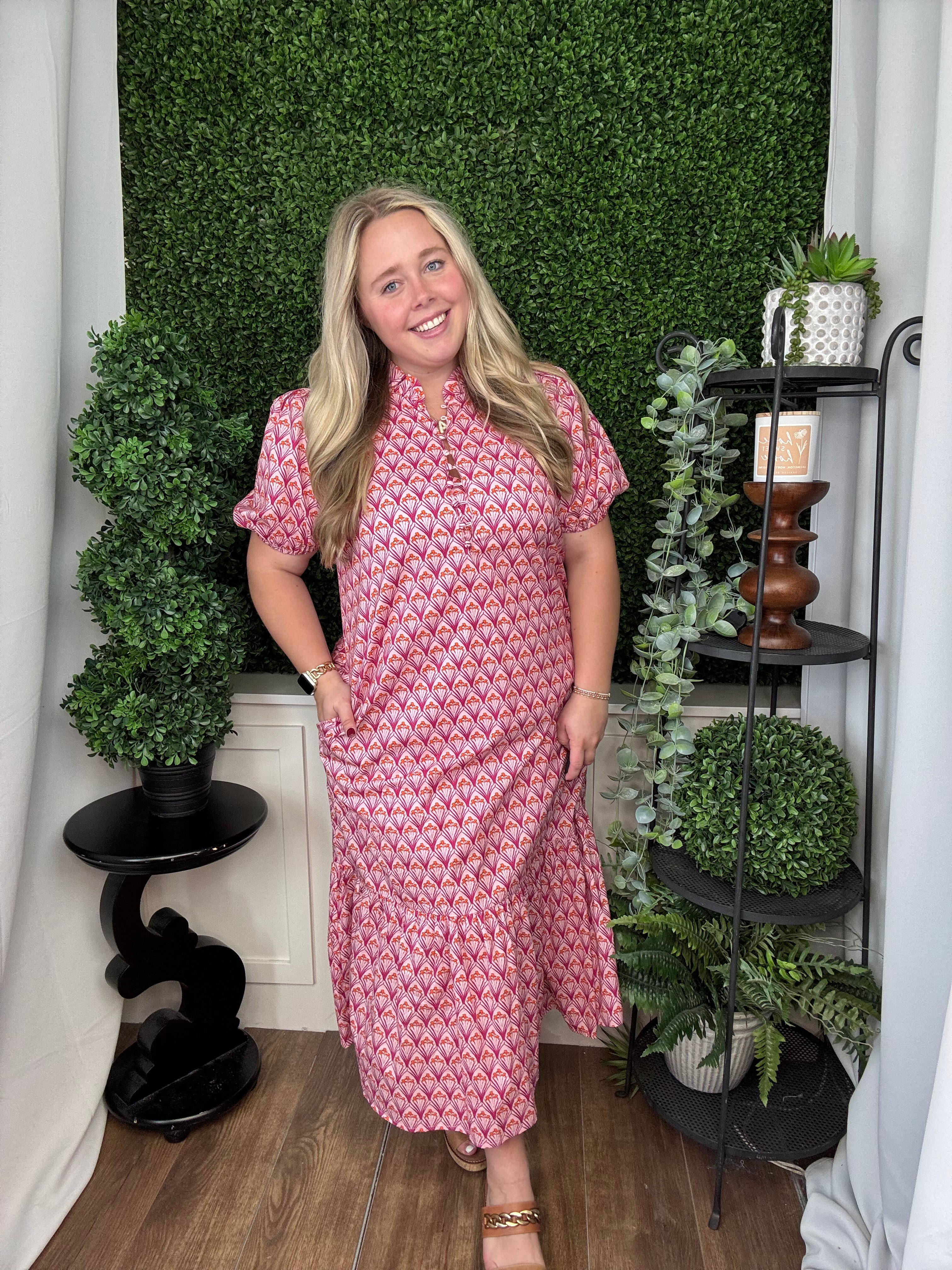 FLORAL PRINT PLEATED PUFF SLEEVE MIDI DRESS