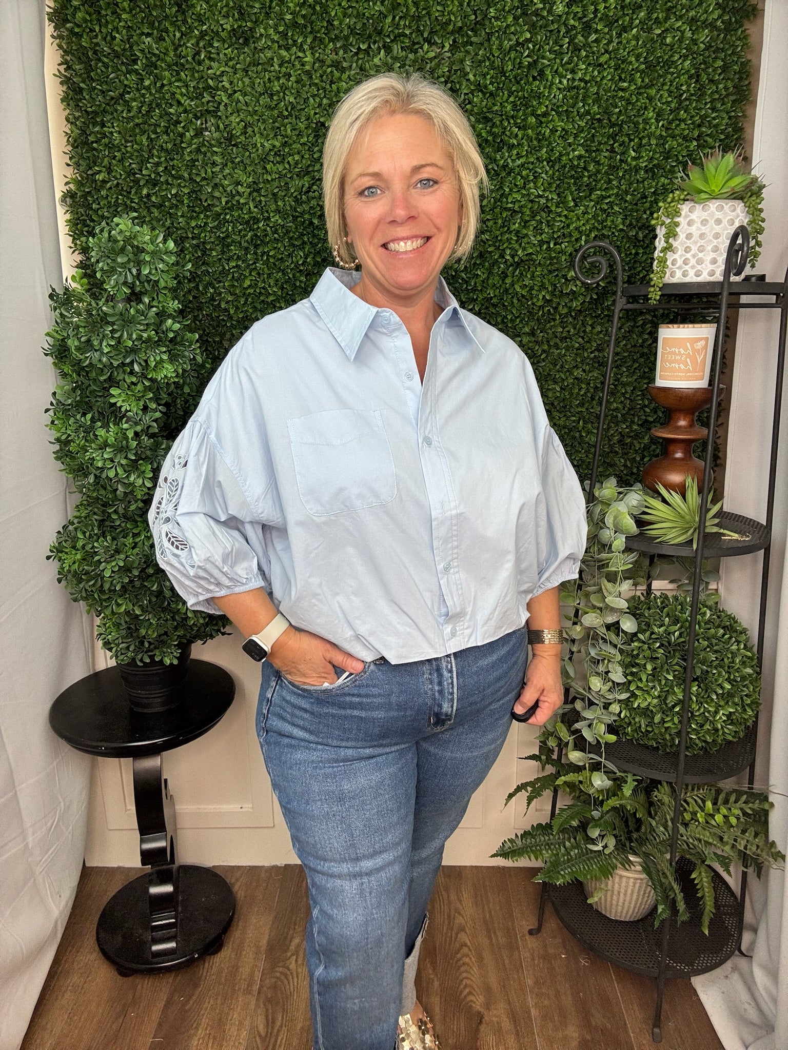 Relaxed Pocket Puff Sleeve Blouse in Sky Blue