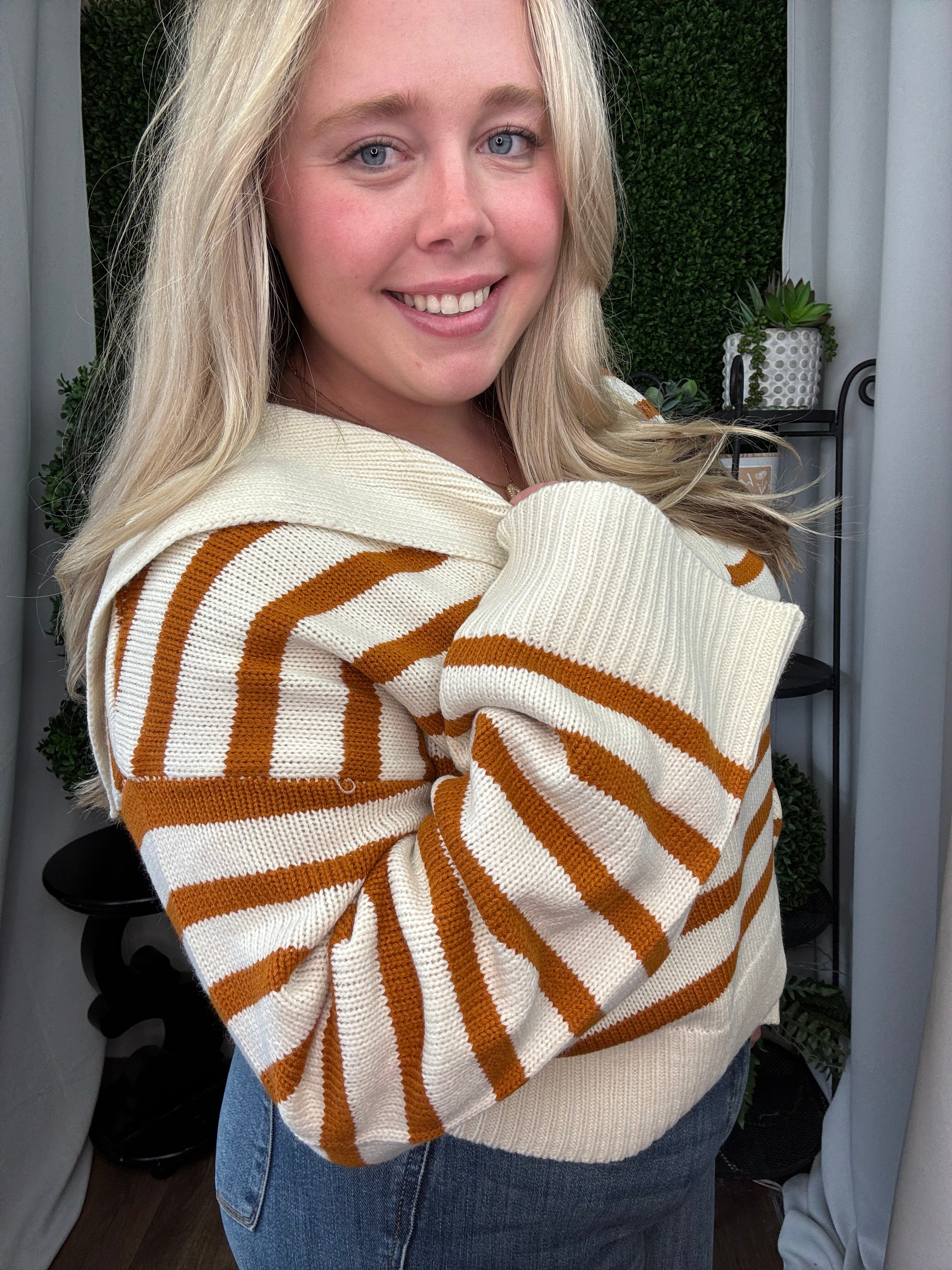 STRIPED KNIT SAILOR COLLAR SWEATER - CREAM/CARAMEL