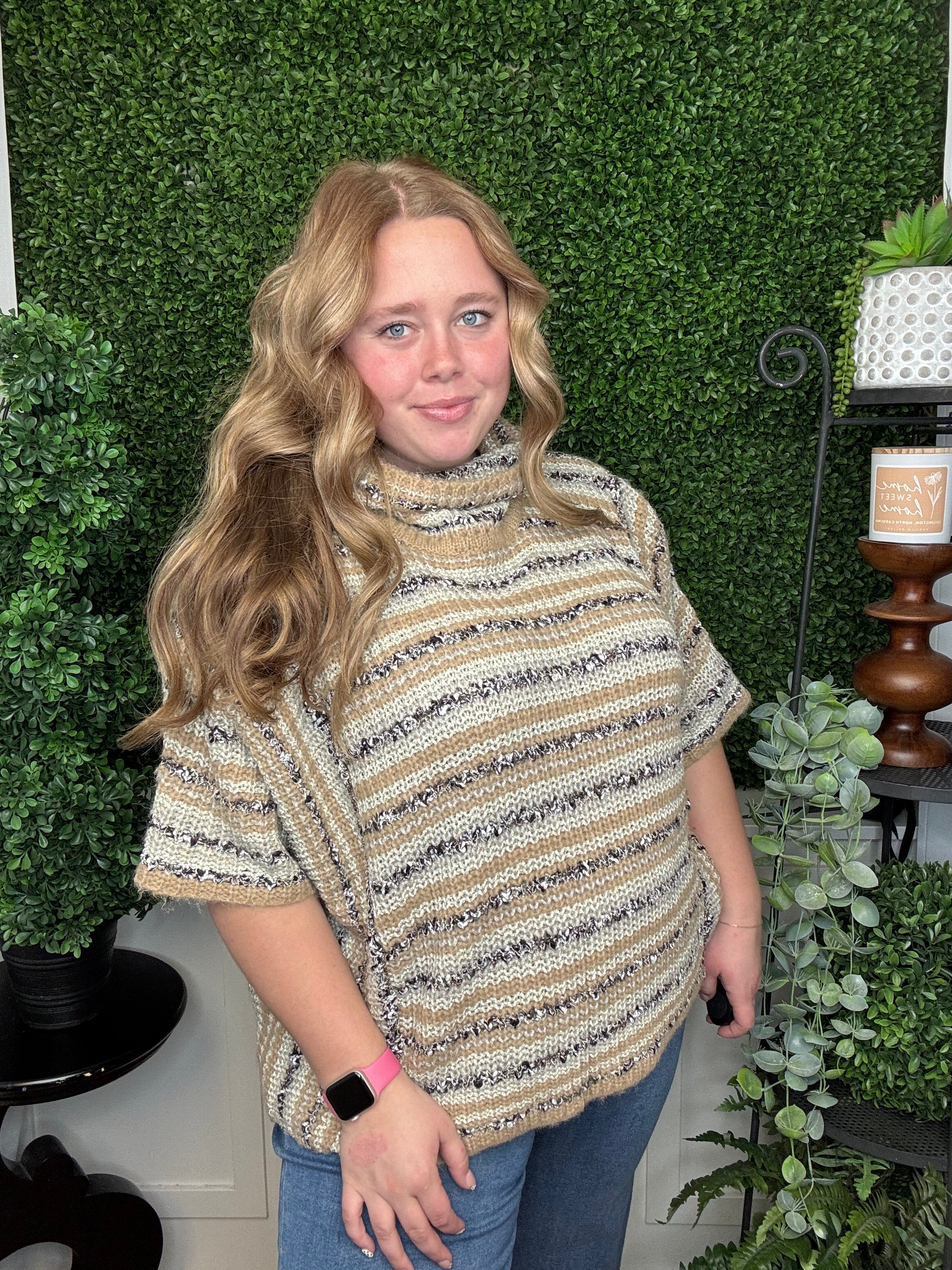 STRIPED BOUCLE SS TURTLENECK SWEATER - OATMEAL