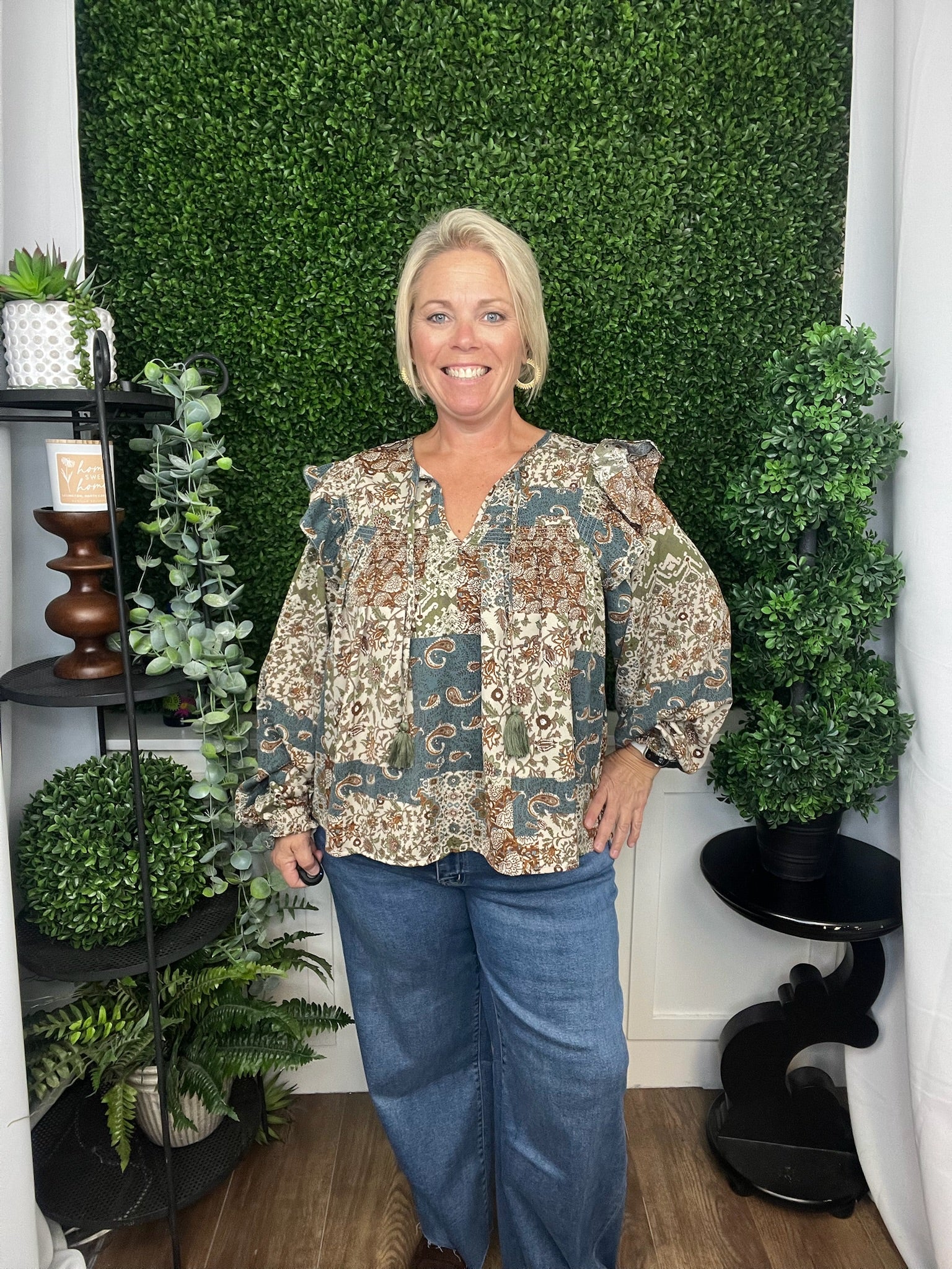 PATCHWORK PRINT SMOCKED RUFFLE BLOUSE - TEAL BLUR MULTI FLORAL