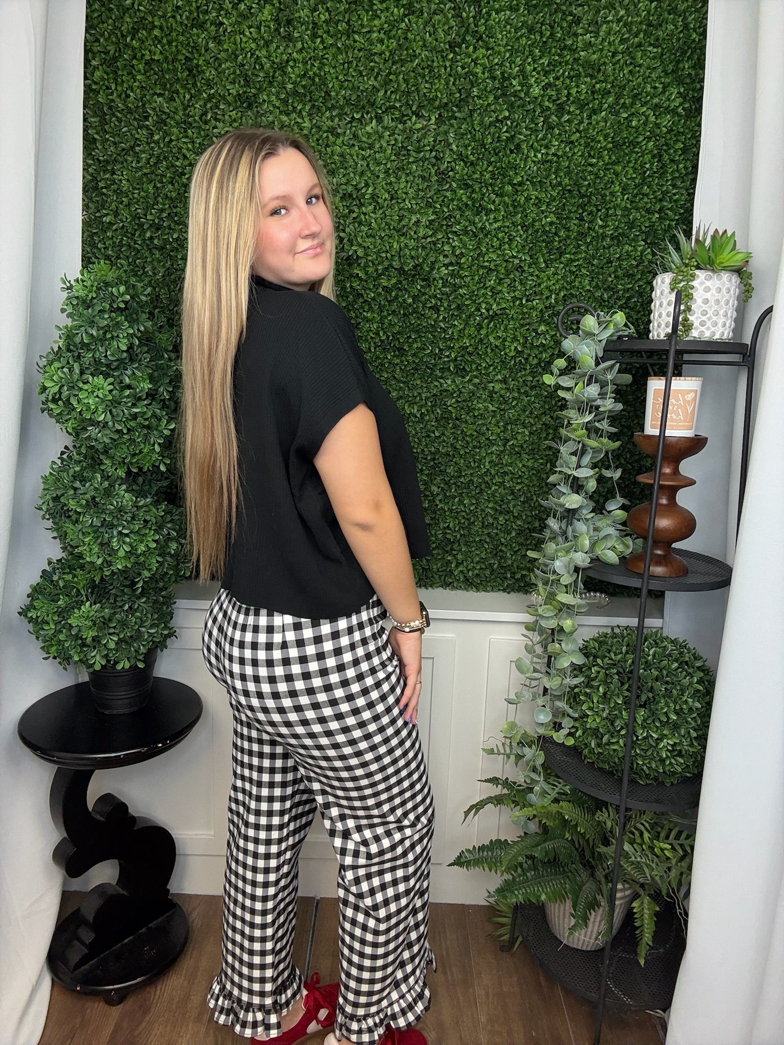 GINGHAM RUFFLE TRIM STRAIGHT LEG PANTS - BLACK