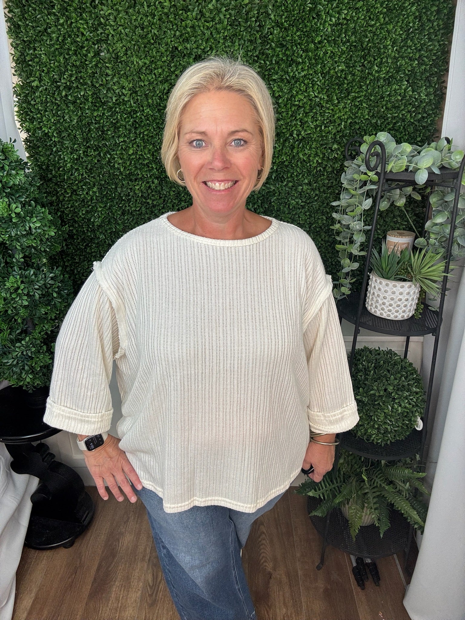 3/4 FOLDED SLEEVE KNIT TOP - OFF WHITE/ R. BLUE
