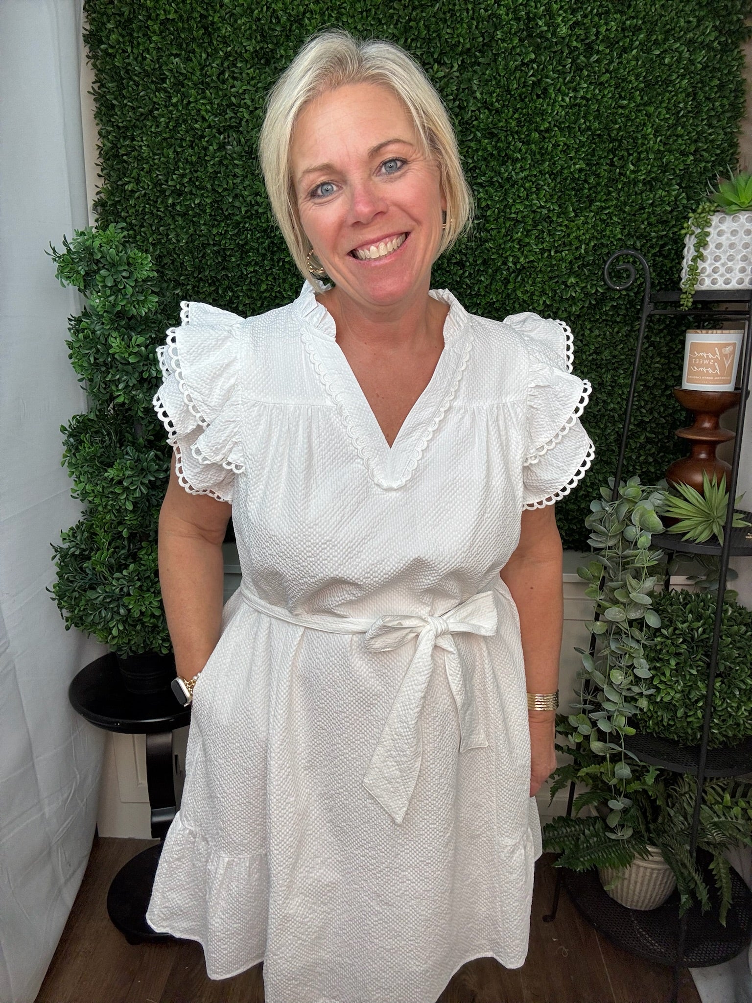 Off White Textured Flutter Sleeve Tie-Waist Dress