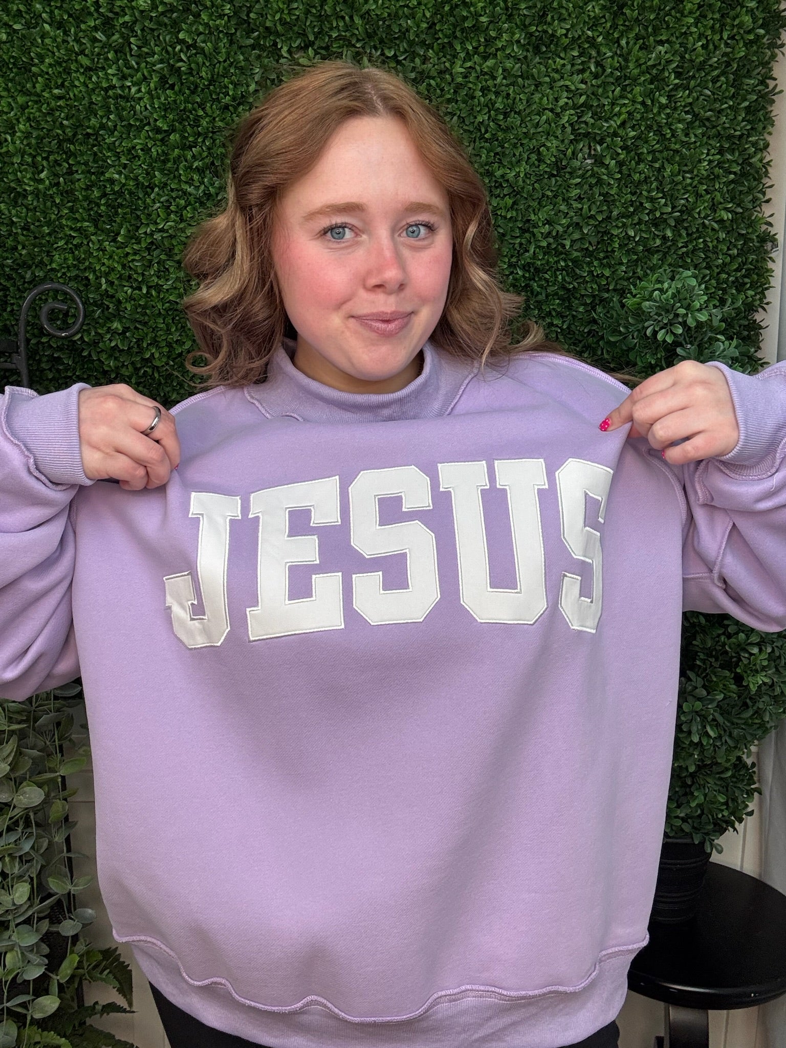JESUS EMBROIDERED MOCK NECK SWEATSHIRT - LAVENDER