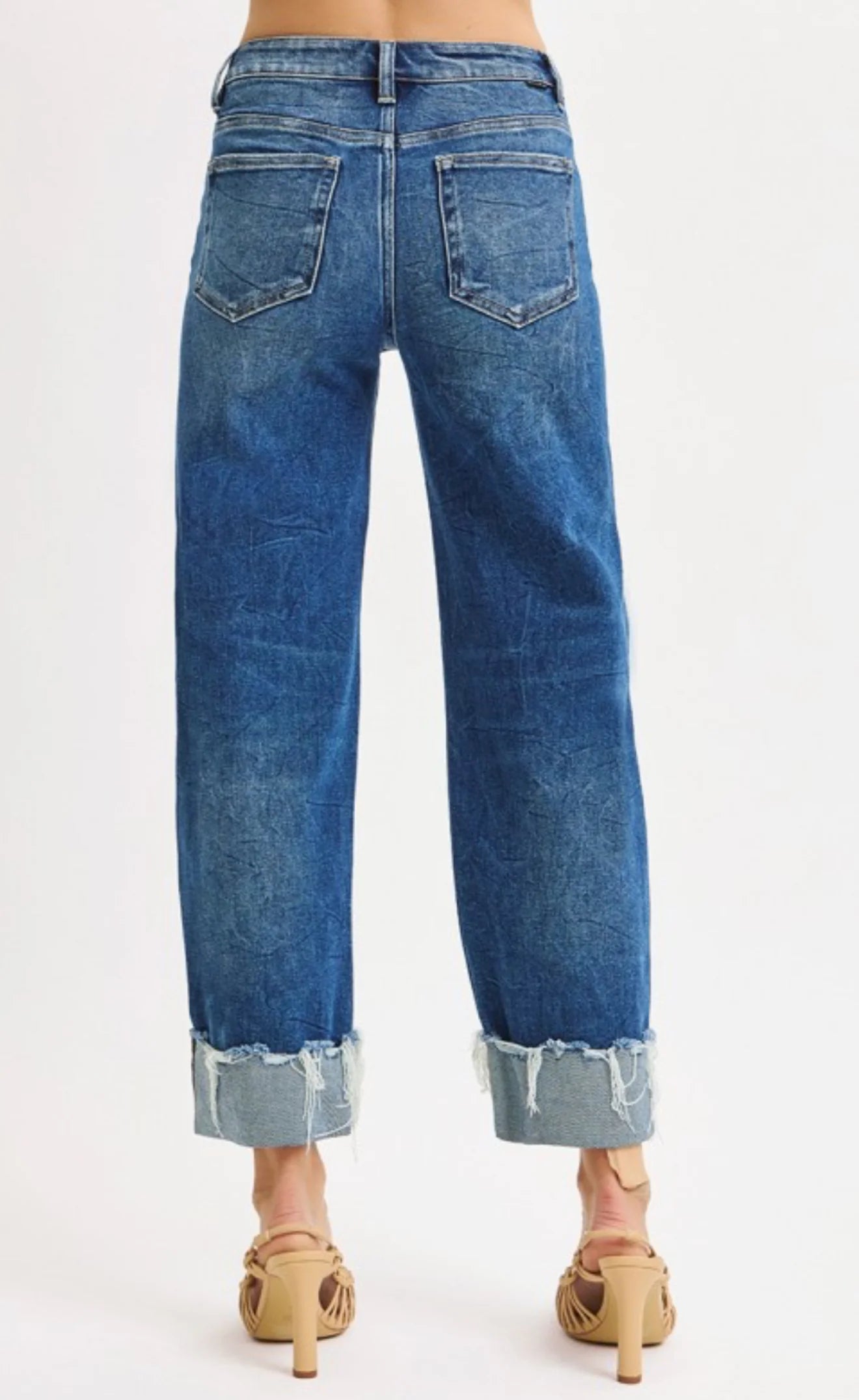 High Rise Crop Boyfriend Cufffed Jeans - Medium