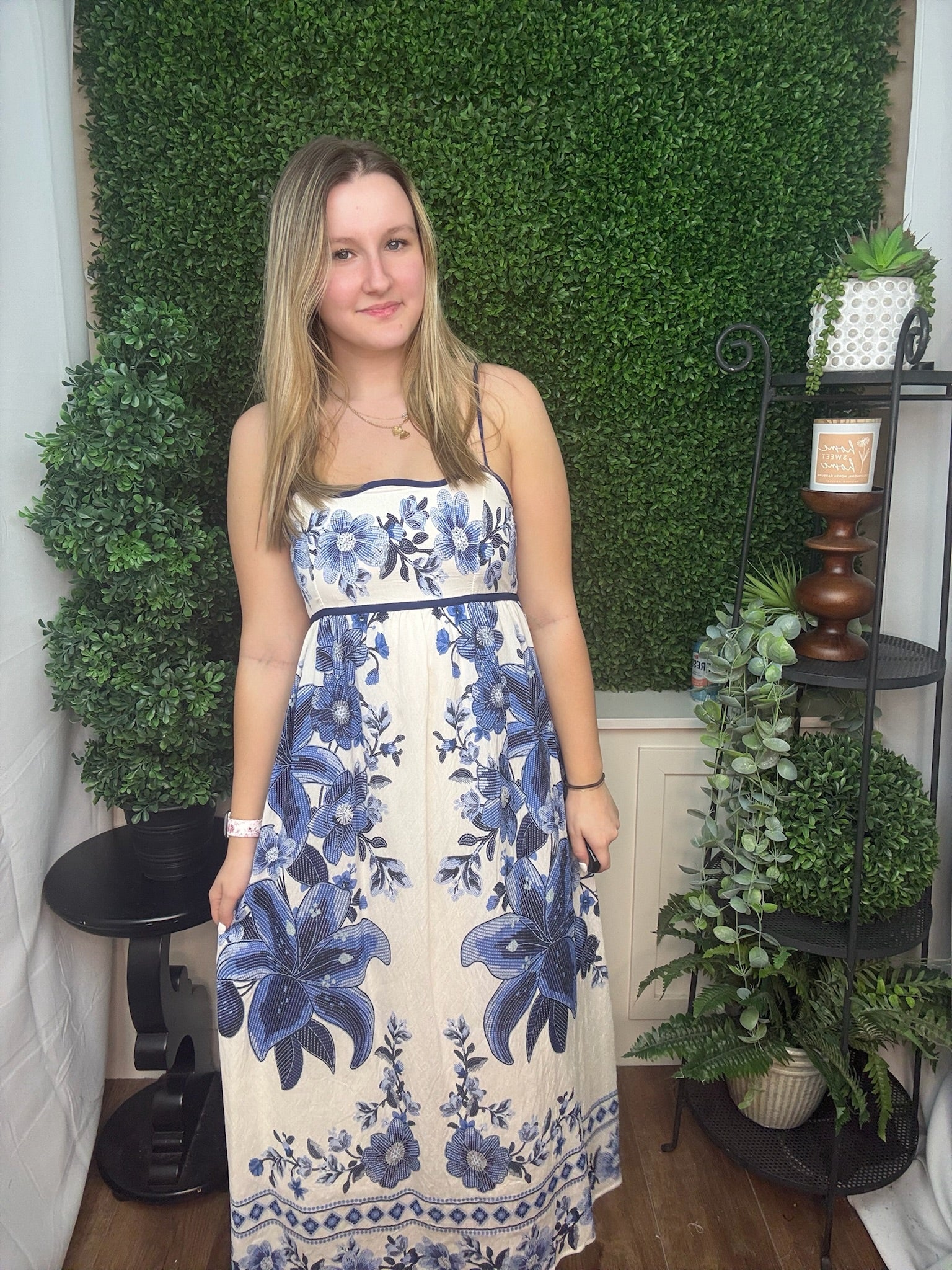 Blue Garden Scallop Trim Midi Dress