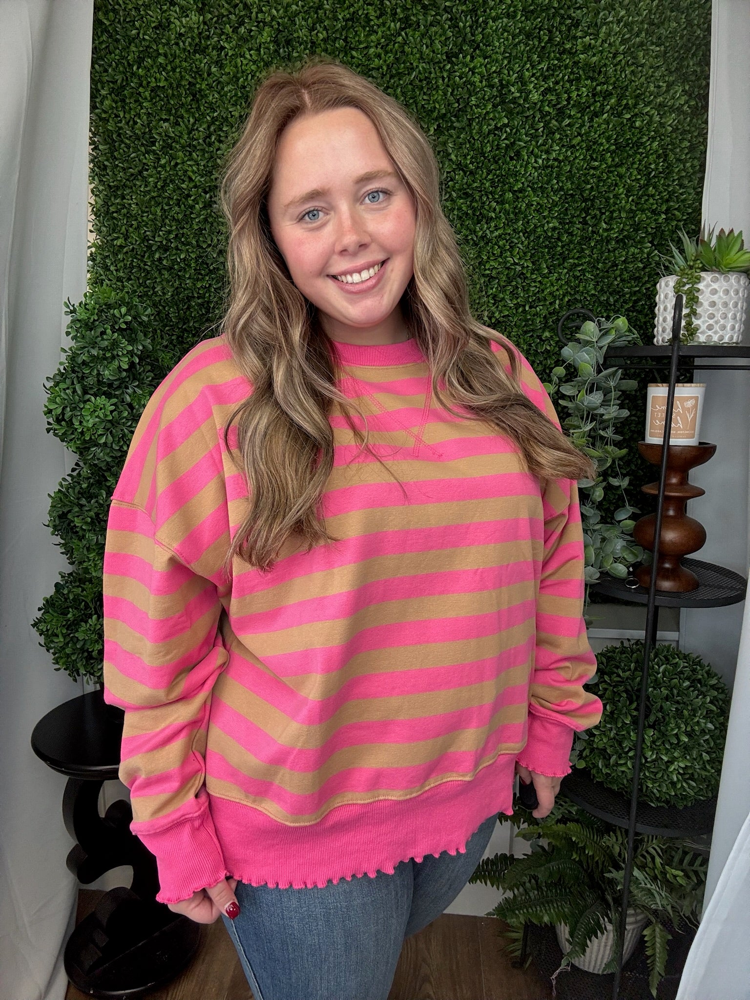 COLOR BLOCK STRIPED LETTUCE HEM DETAIL - PINK/TAUPE