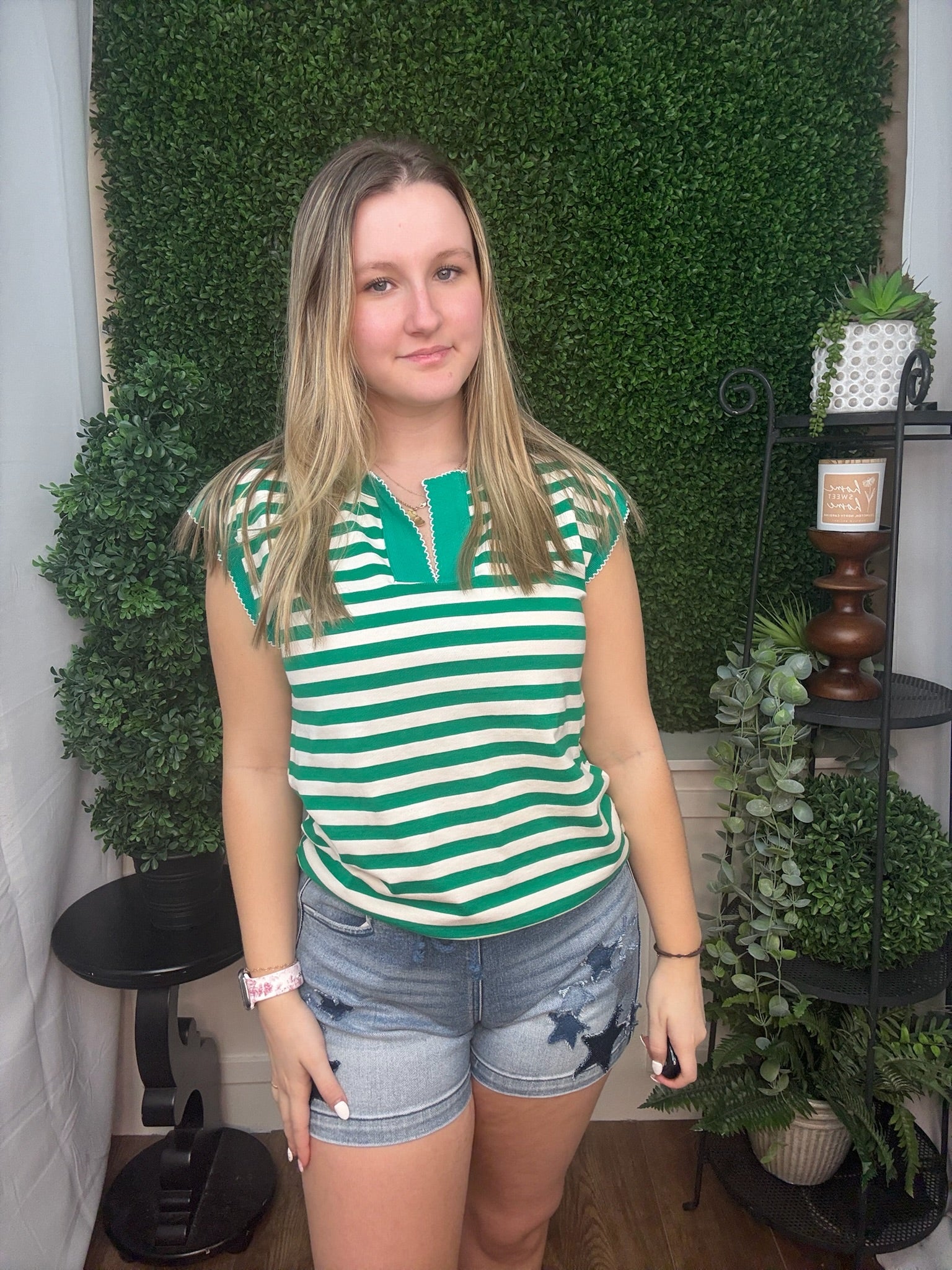 Striped Split Neck Sleeveless Top