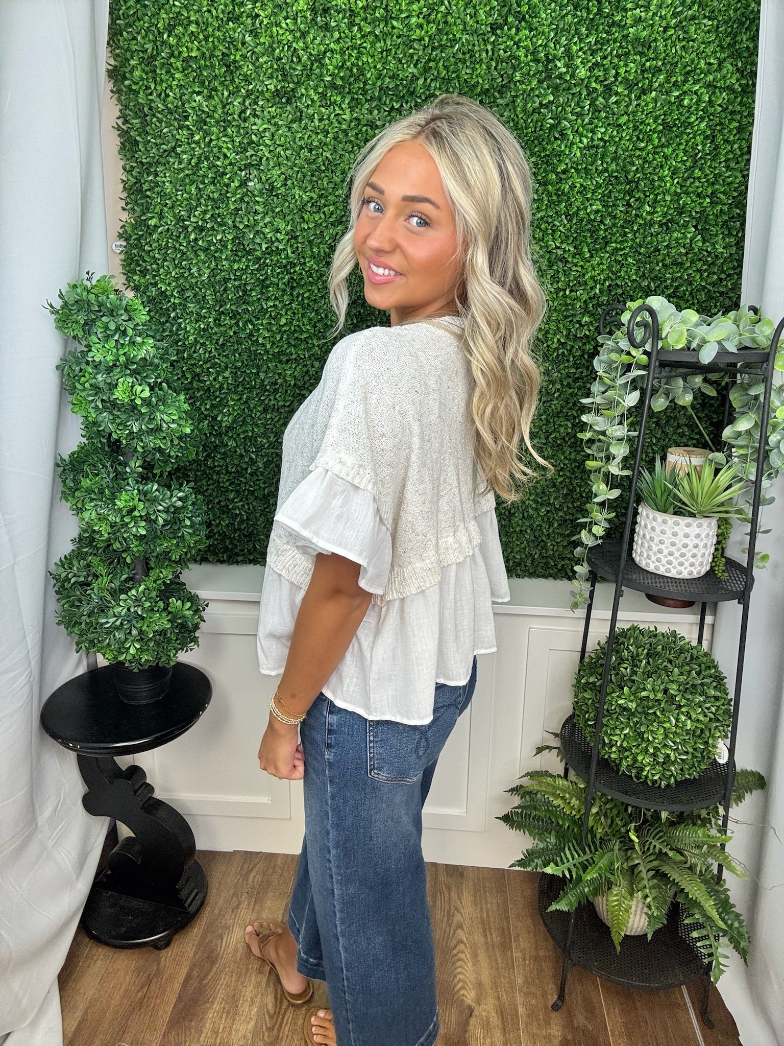 Knit Short Sleeve Top with Contrast Peplum Hem and Ruffle Sleeves
