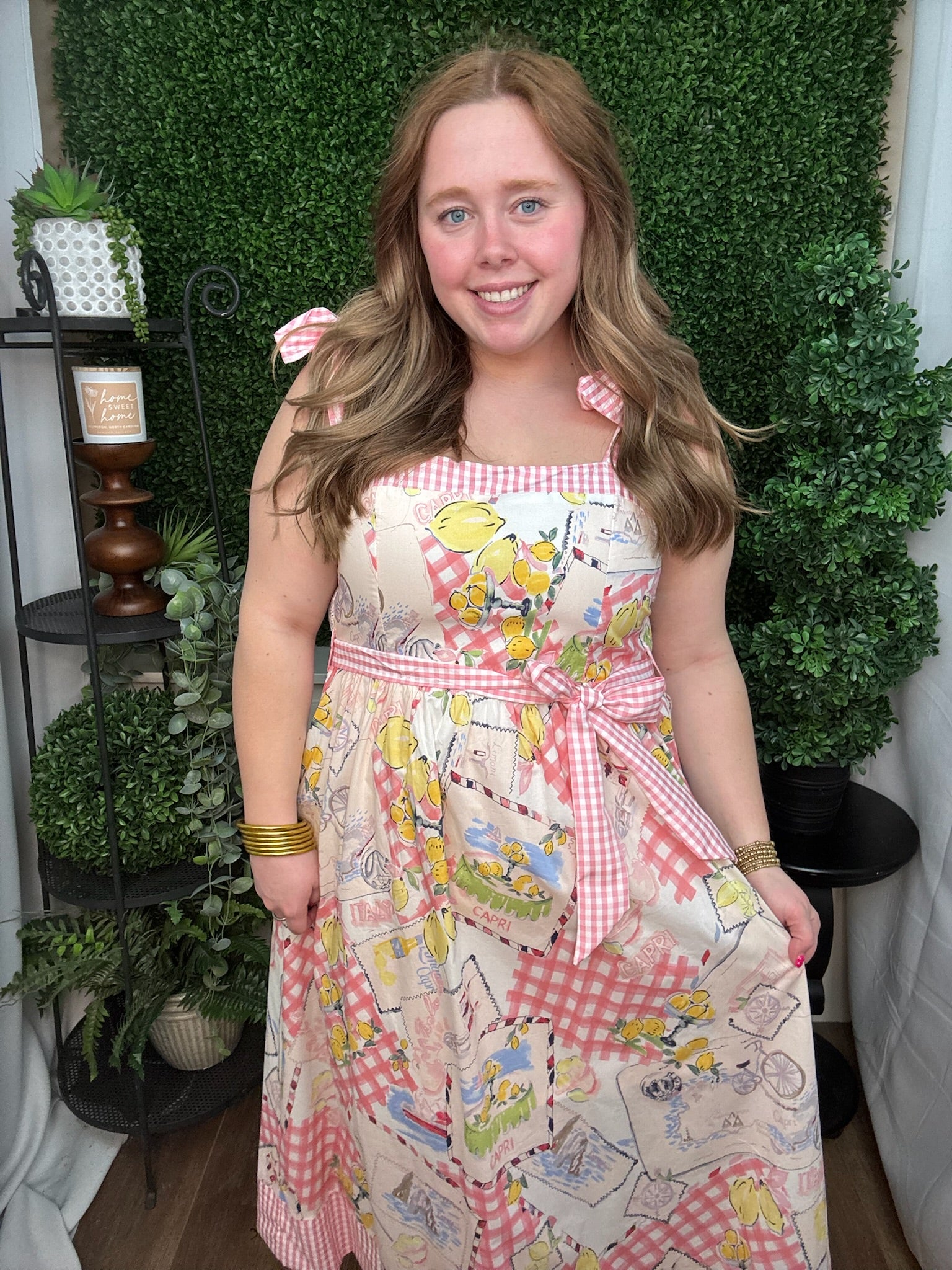 Gingham Tie Strap Printed Midi Dress