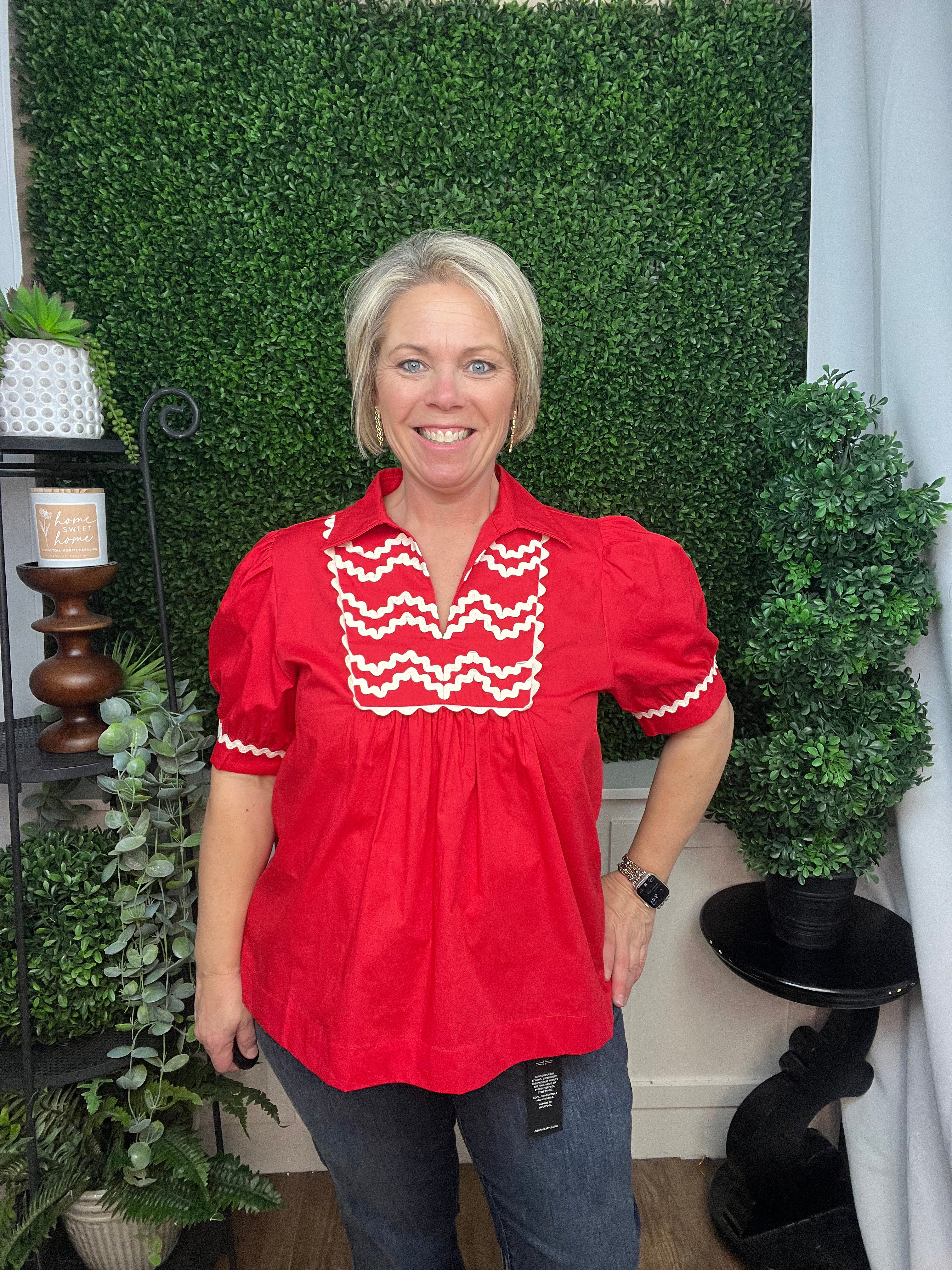 RIC-RAC TRIM ACCENT SOLID TOP - TOMATO RED