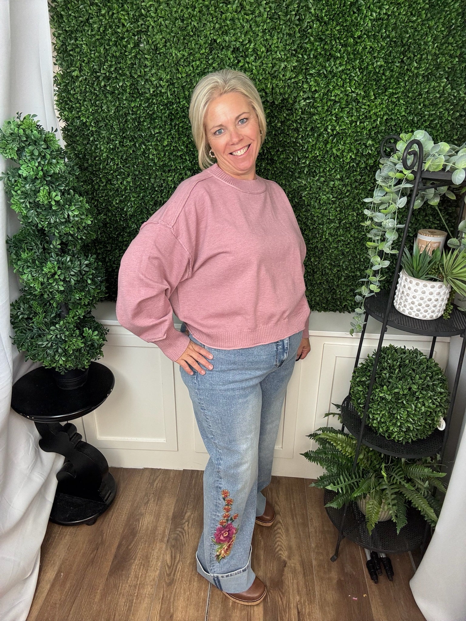 WIDE LEG JEAN WITH EMBROIDERY AND FOLDOVER CUFF - LIGHT INDIGO
