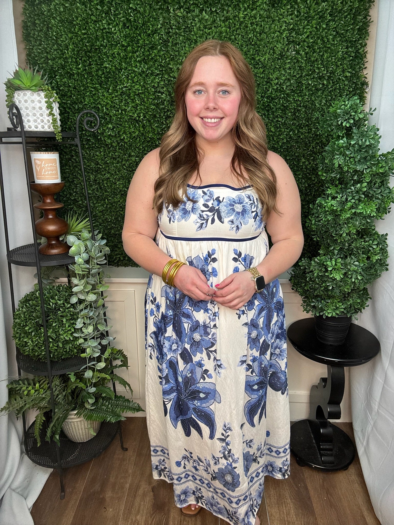 Blue Garden Scallop Trim Midi Dress