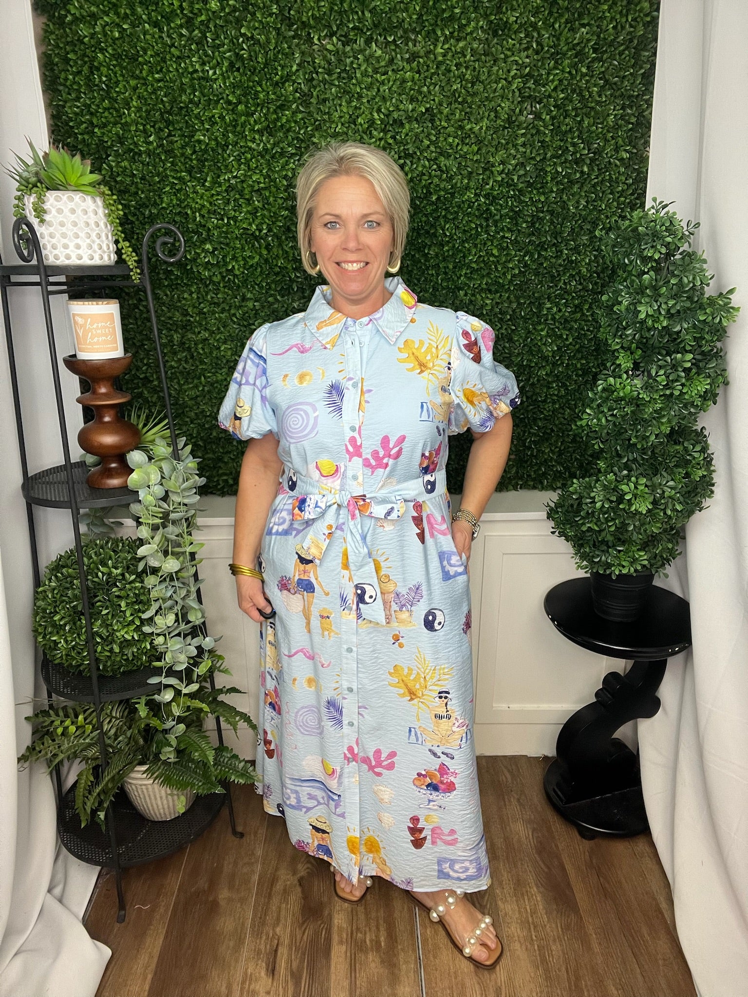 BUTTON DOWN SUMMER BEACH PRINT MIDI DRESS - BLUE