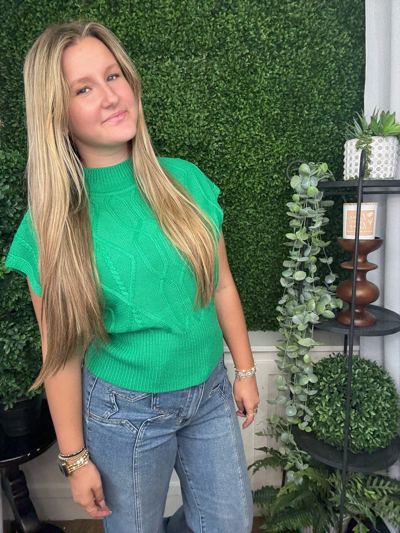 DIAMOND/CABLE KNIT CAP SLV SWEATER - KELLY GREEN