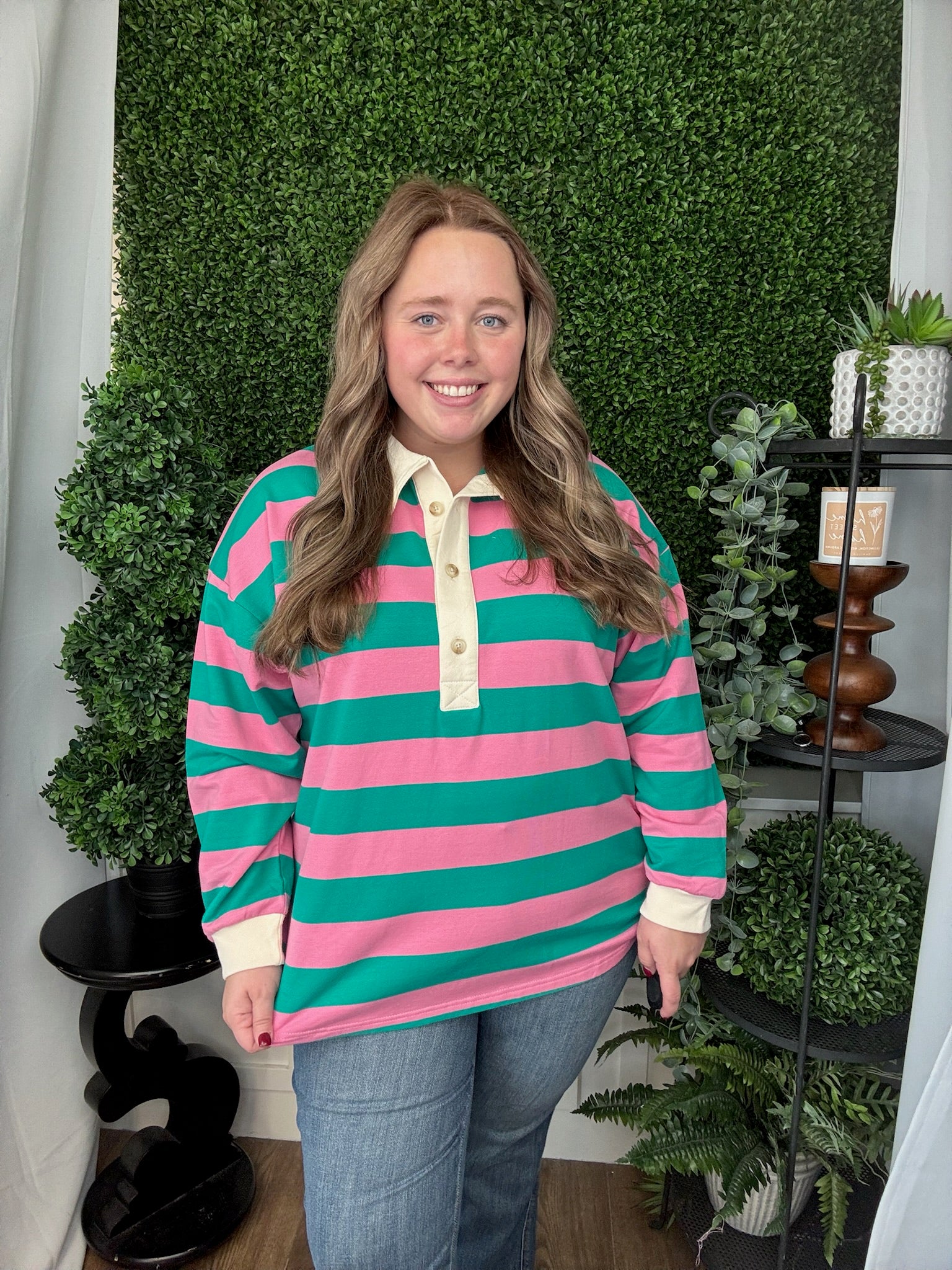 LS OVERISZED FRENCH TERRY STRIPED COLLAR TOP - PINK/JADE