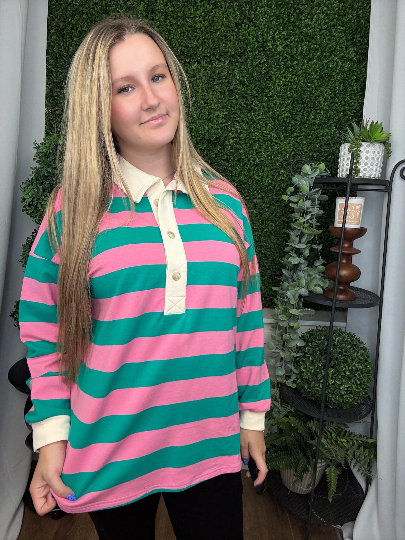 LS OVERISZED FRENCH TERRY STRIPED COLLAR TOP - PINK/JADE