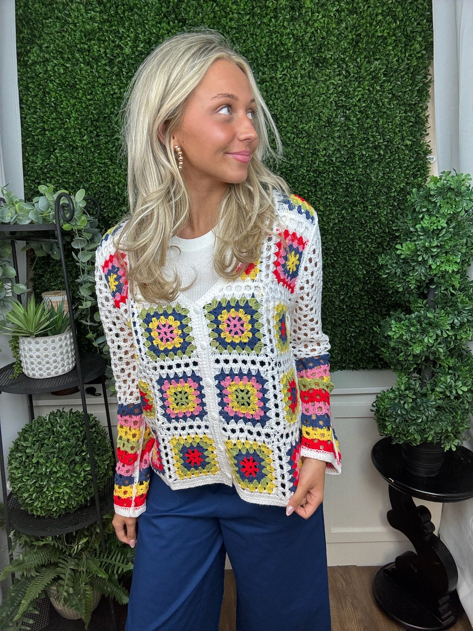 PATCHWORK BUTTON FRONT CROCHET CARDIGAN