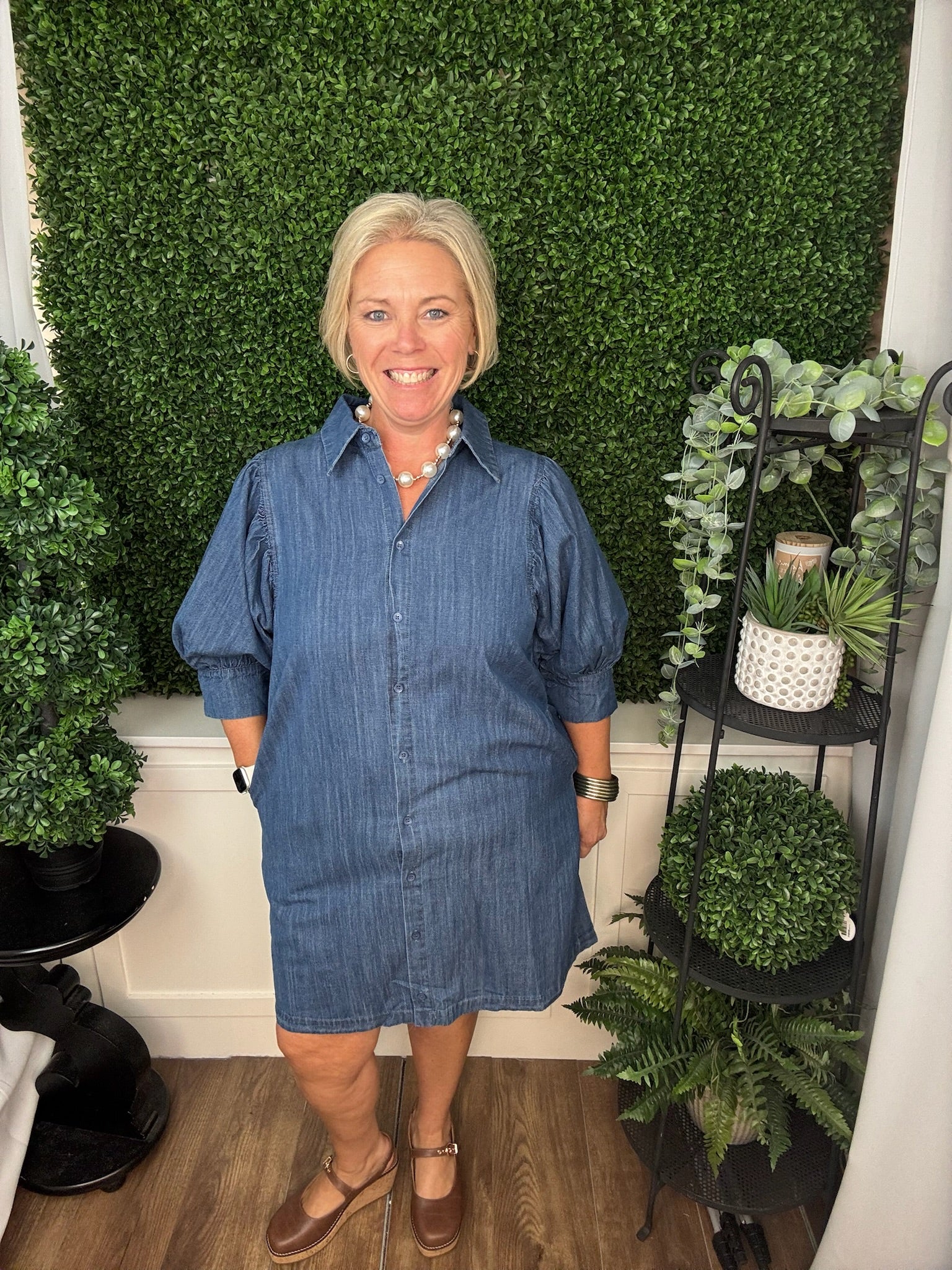 BUTTON DOWN PUFF SLEEVE MINI DRESS - DENIM