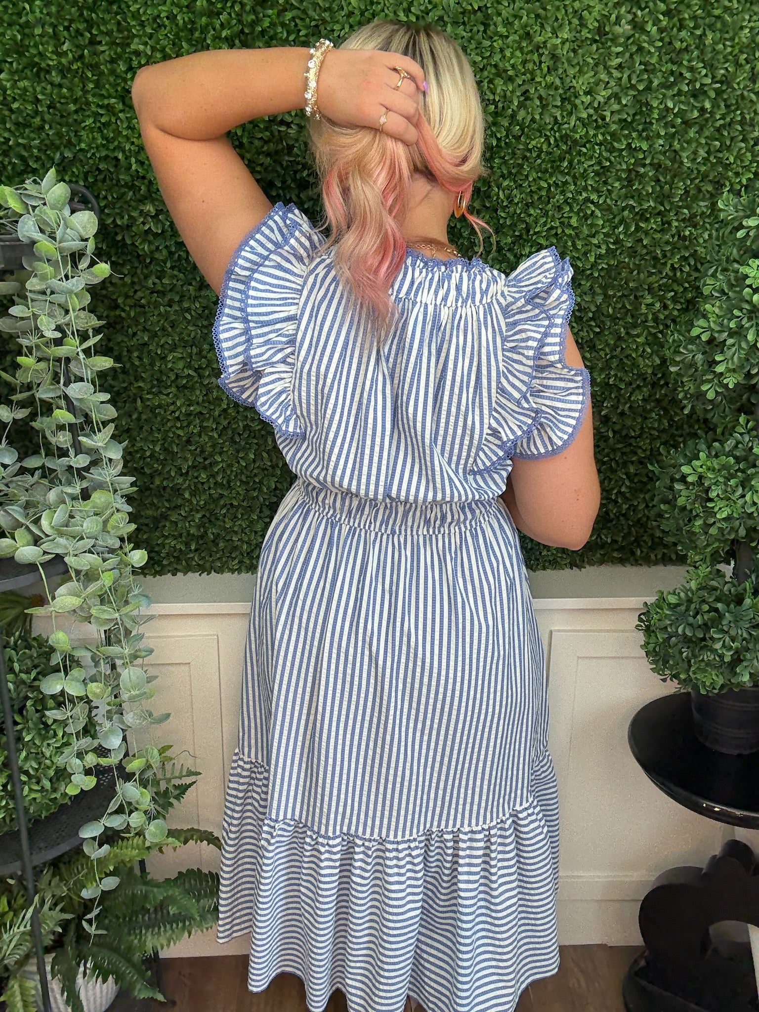 RUFFLE TRIMMED STRIPED MIDI DRESS