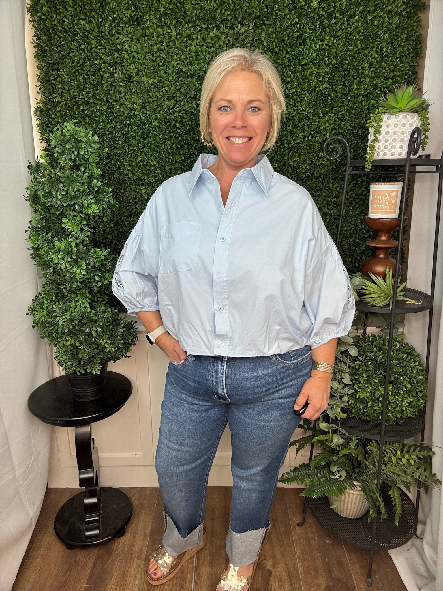 Relaxed Pocket Puff Sleeve Blouse in Sky Blue