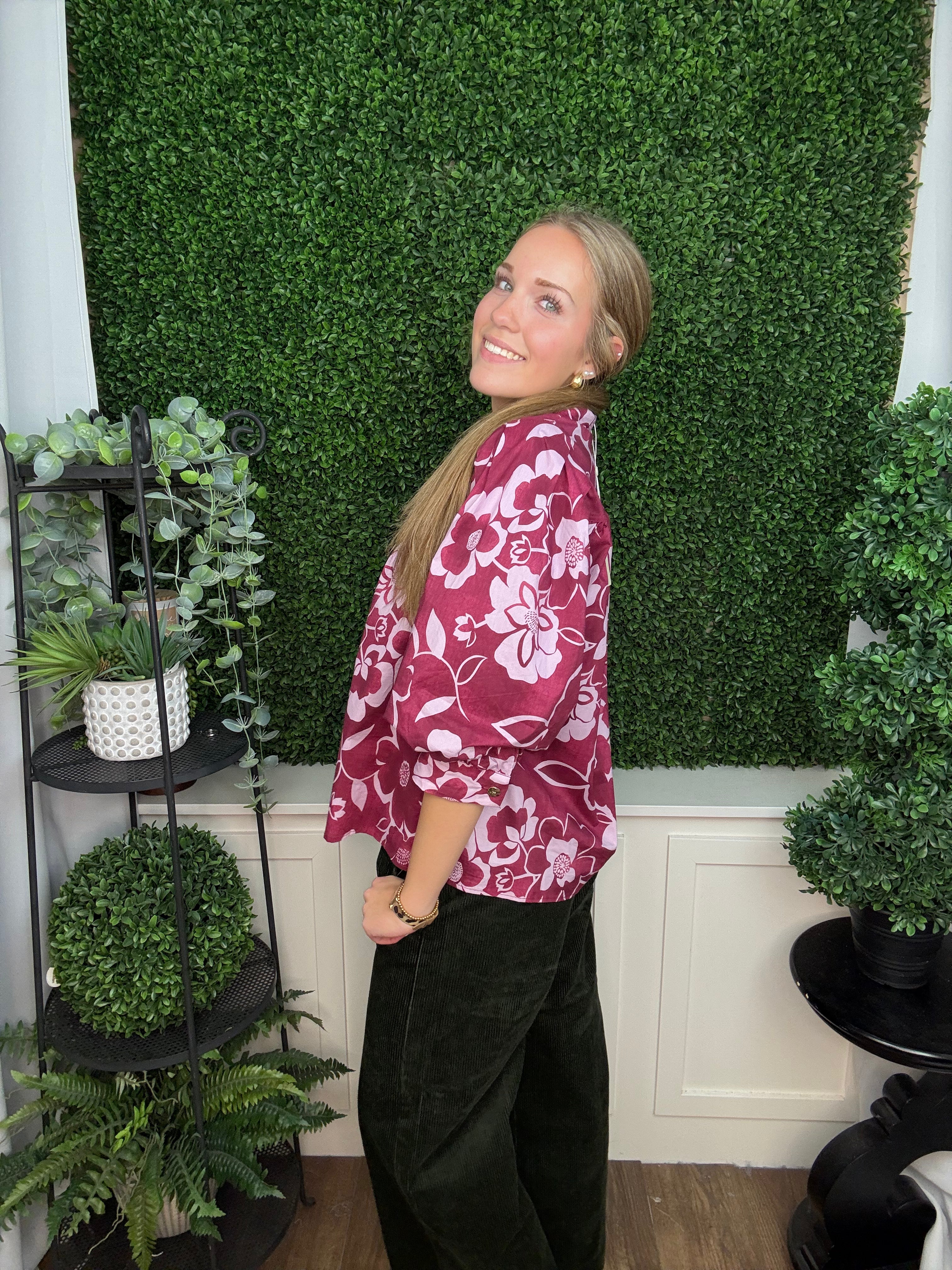 LONG SLEEVE FLORAL PRINT BUTTON DOWN WOVEN TOP - MERLOT