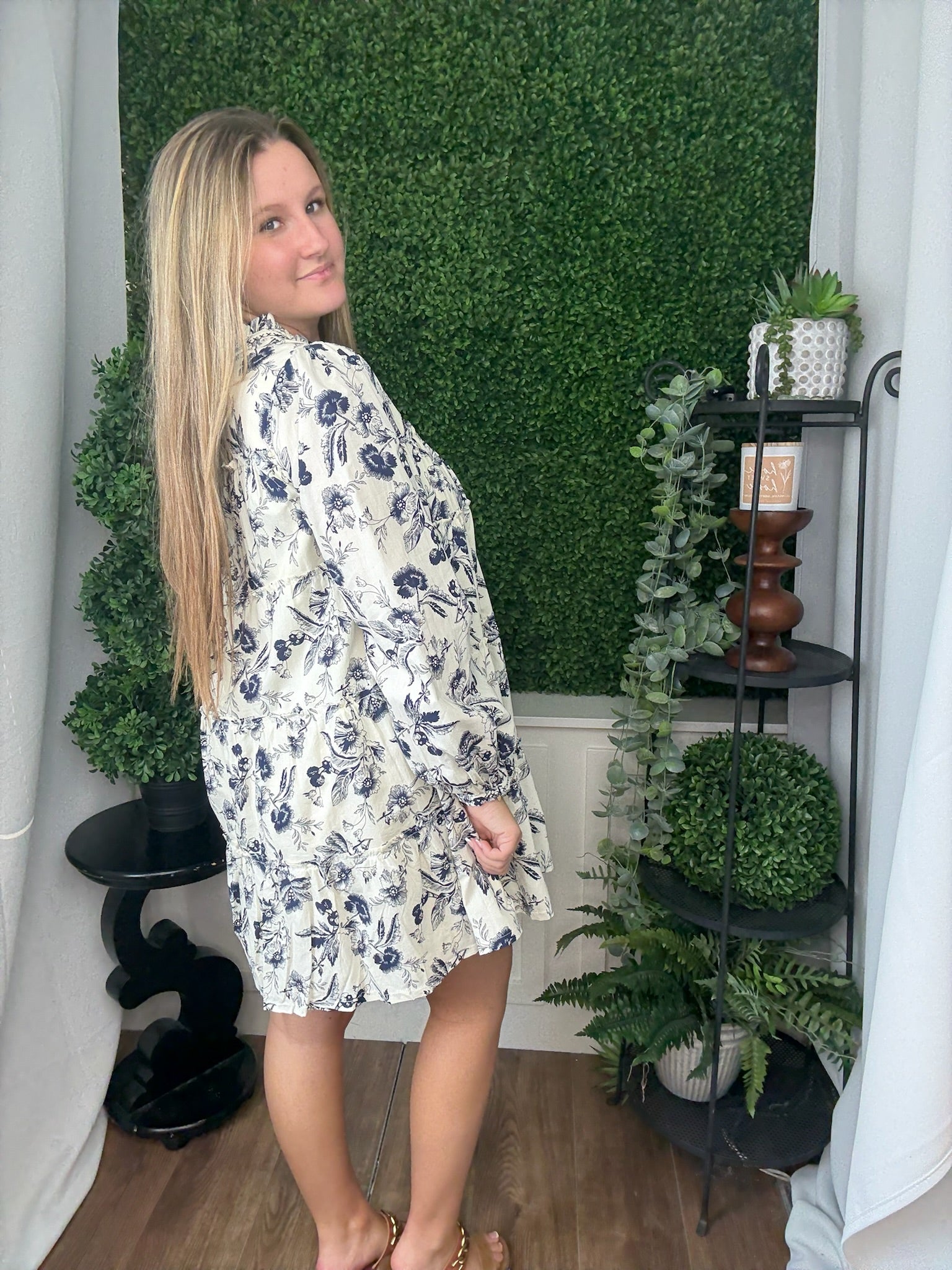 RUFFLE TIERED BABYDOLL MINI DRESS - IVORY/NAVY/FLORAL