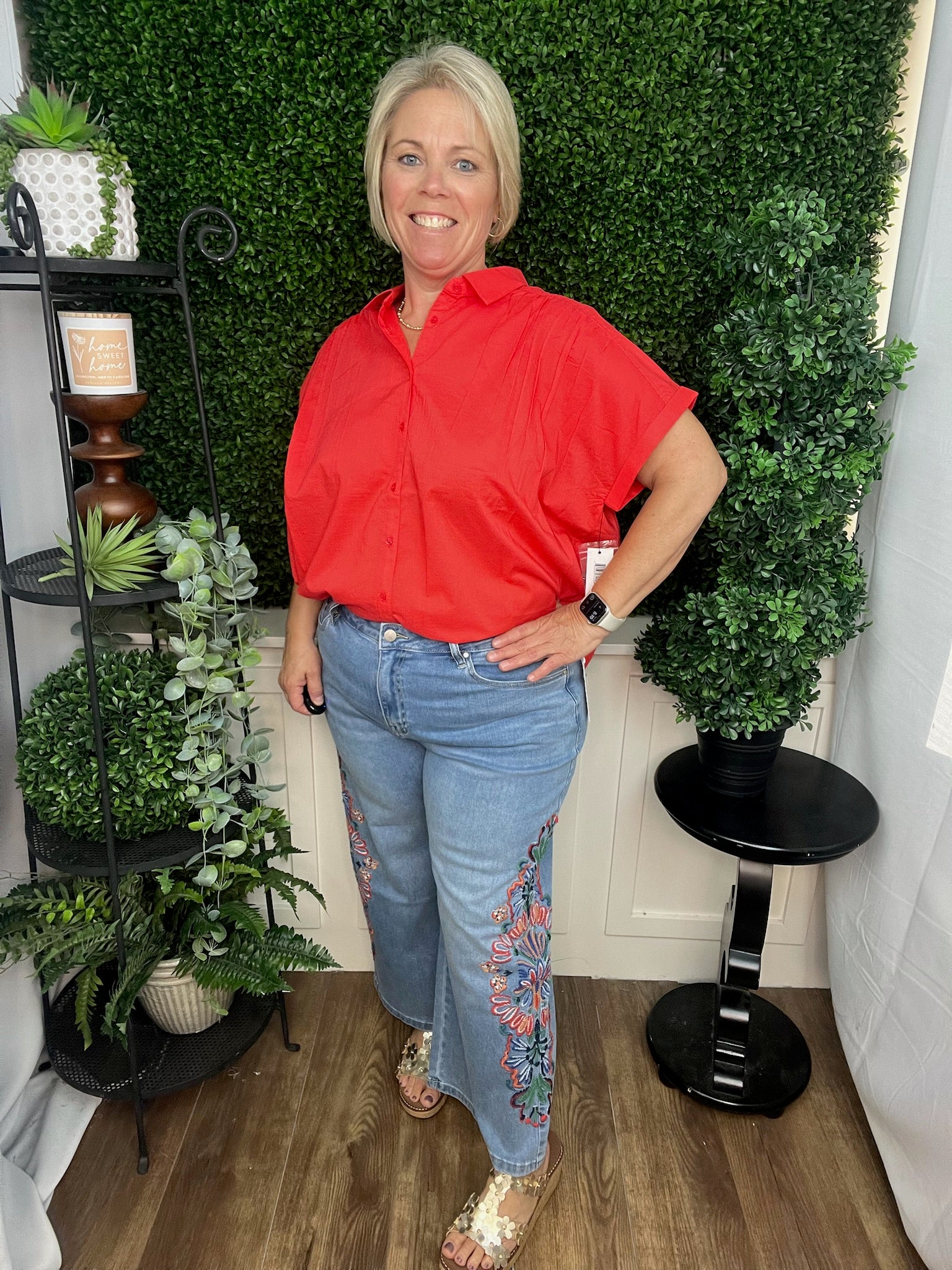 AUDREY WIDE CROP JEANS W/FANCY EMBROIDERY - DESERT BLUE