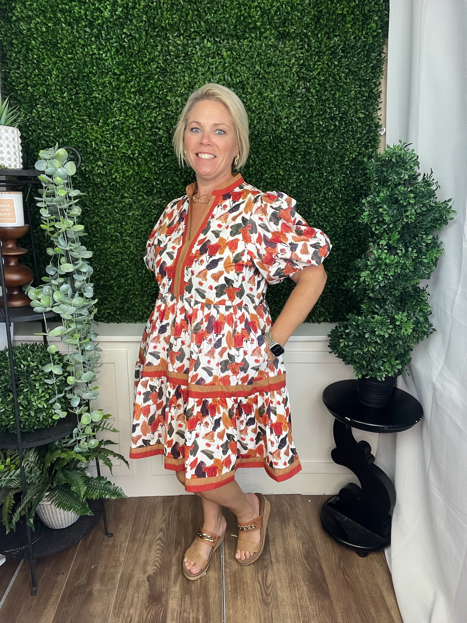 FLORAL PRINT SHORT BUBBLE SLEEVE PULLOVER MINI DRESS - PUMPKIN