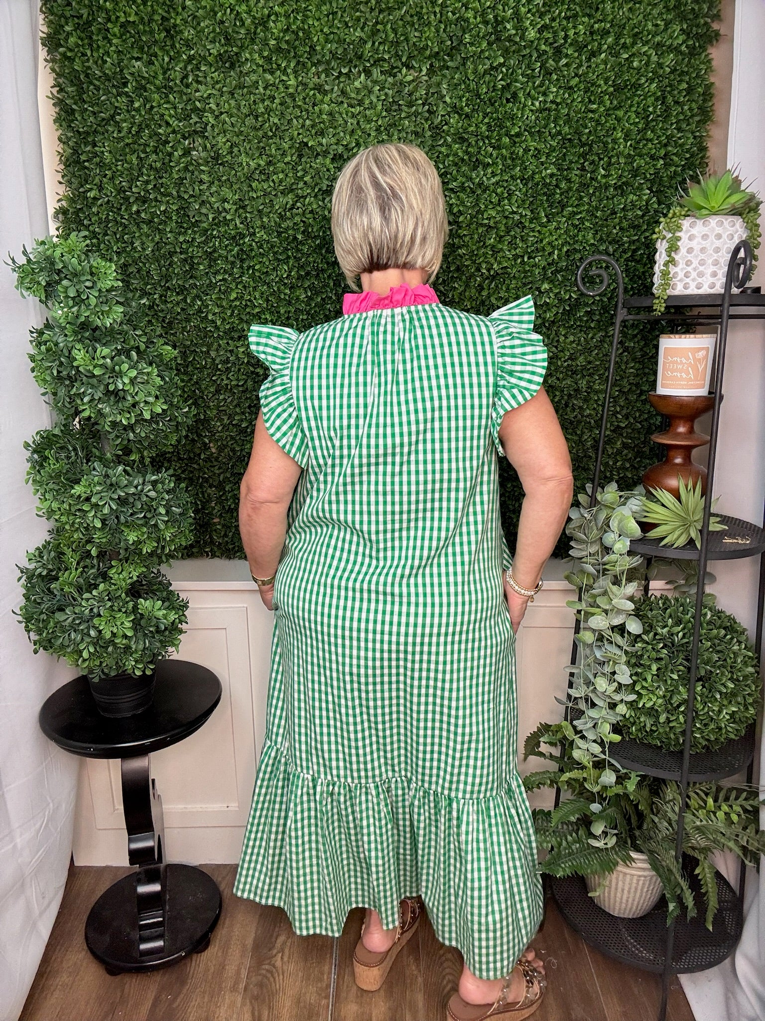 Gingham Flutter Sleeve Midi Dress