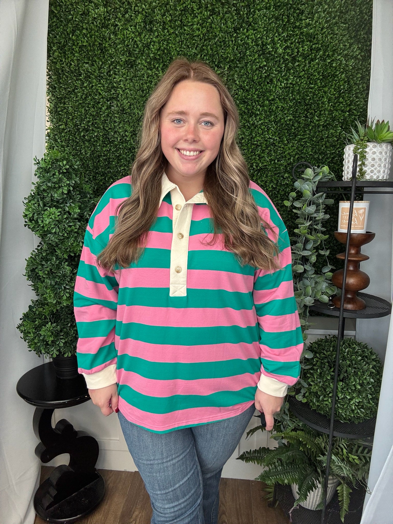 LS OVERISZED FRENCH TERRY STRIPED COLLAR TOP - PINK/JADE