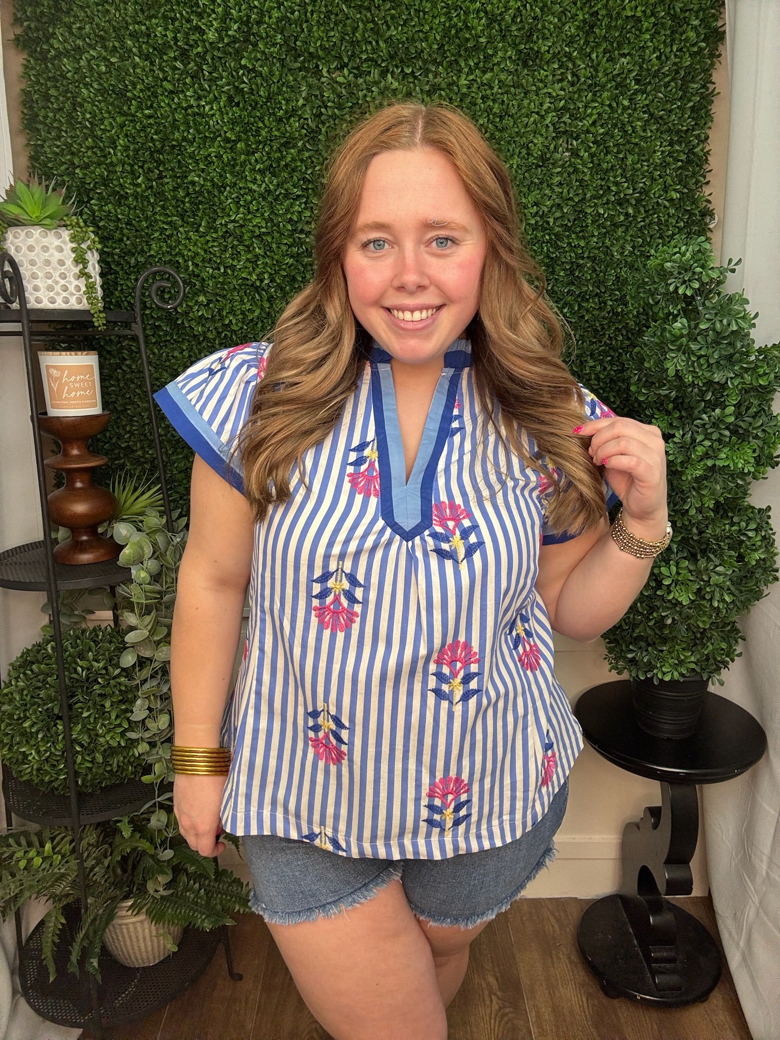 Embroidered Stripe V-Neck Blouse