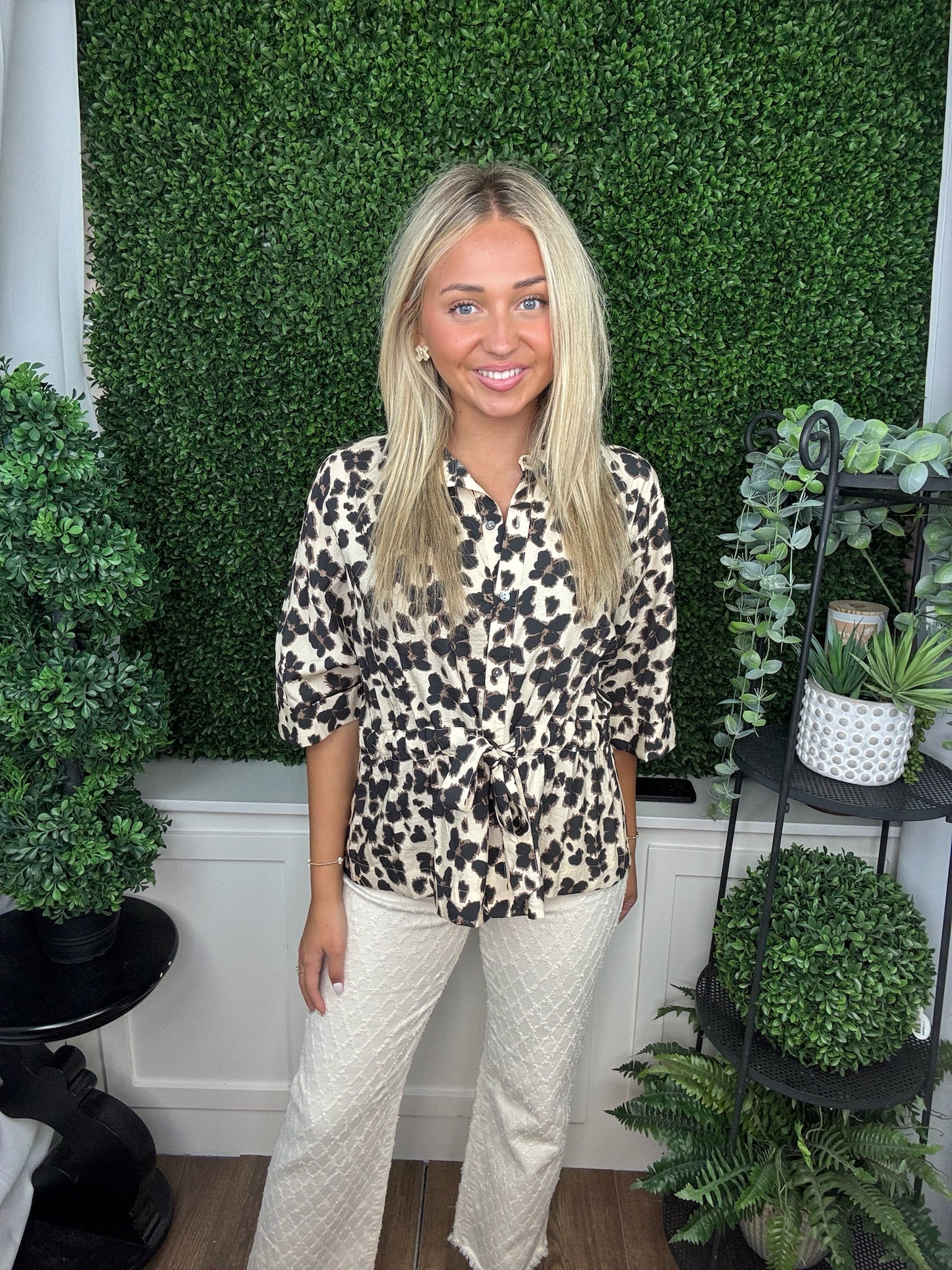 ANIMAL PRINT TIE WAIST TOP - ECRU