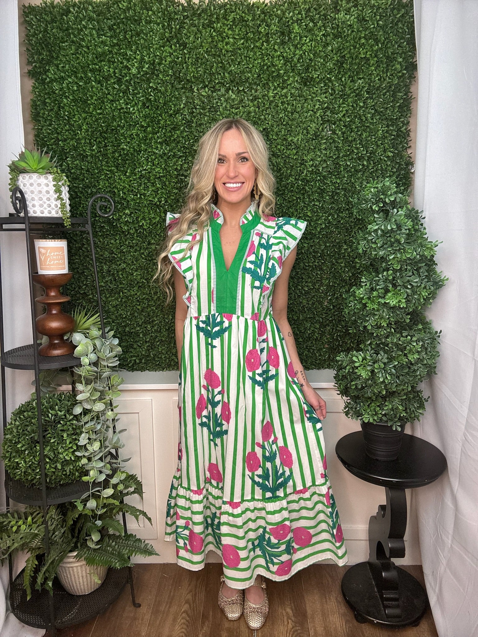 Garden Stripe Ruffle Midi Dress