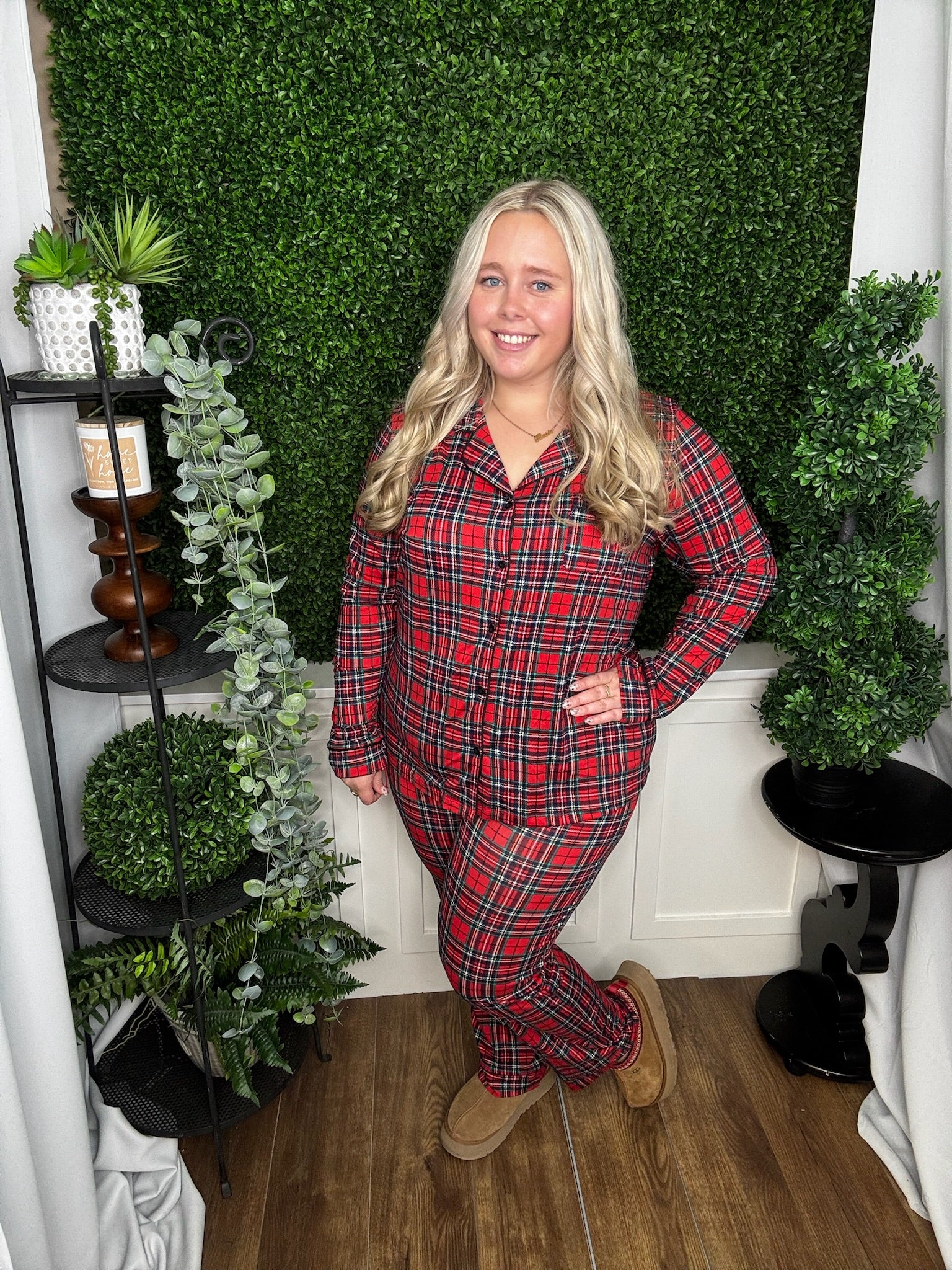 RUBY RED PLAID BUTTON DOWN LOUNGEWEAR SET