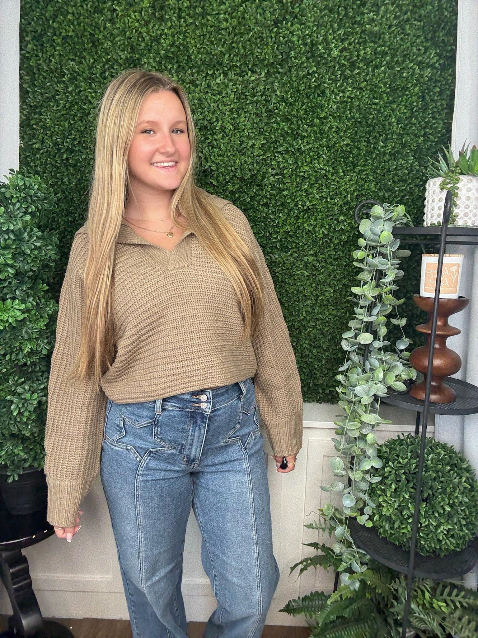 DRAMA COLLAR VNECK SWEATER - TAUPE