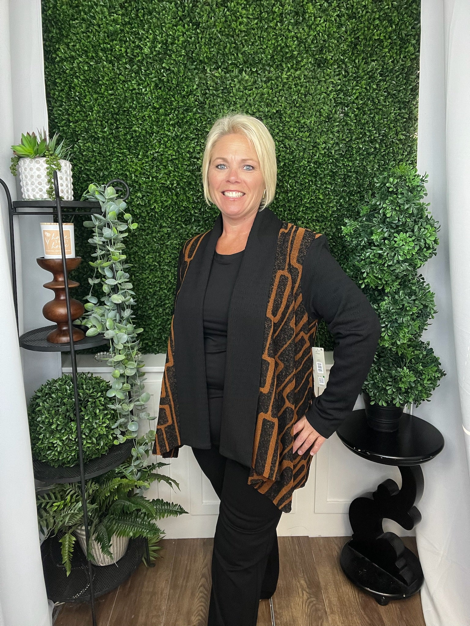 KNIT OPEN FRONT CARDIGAN JACKET 3/4 SLEEVES - BLACK