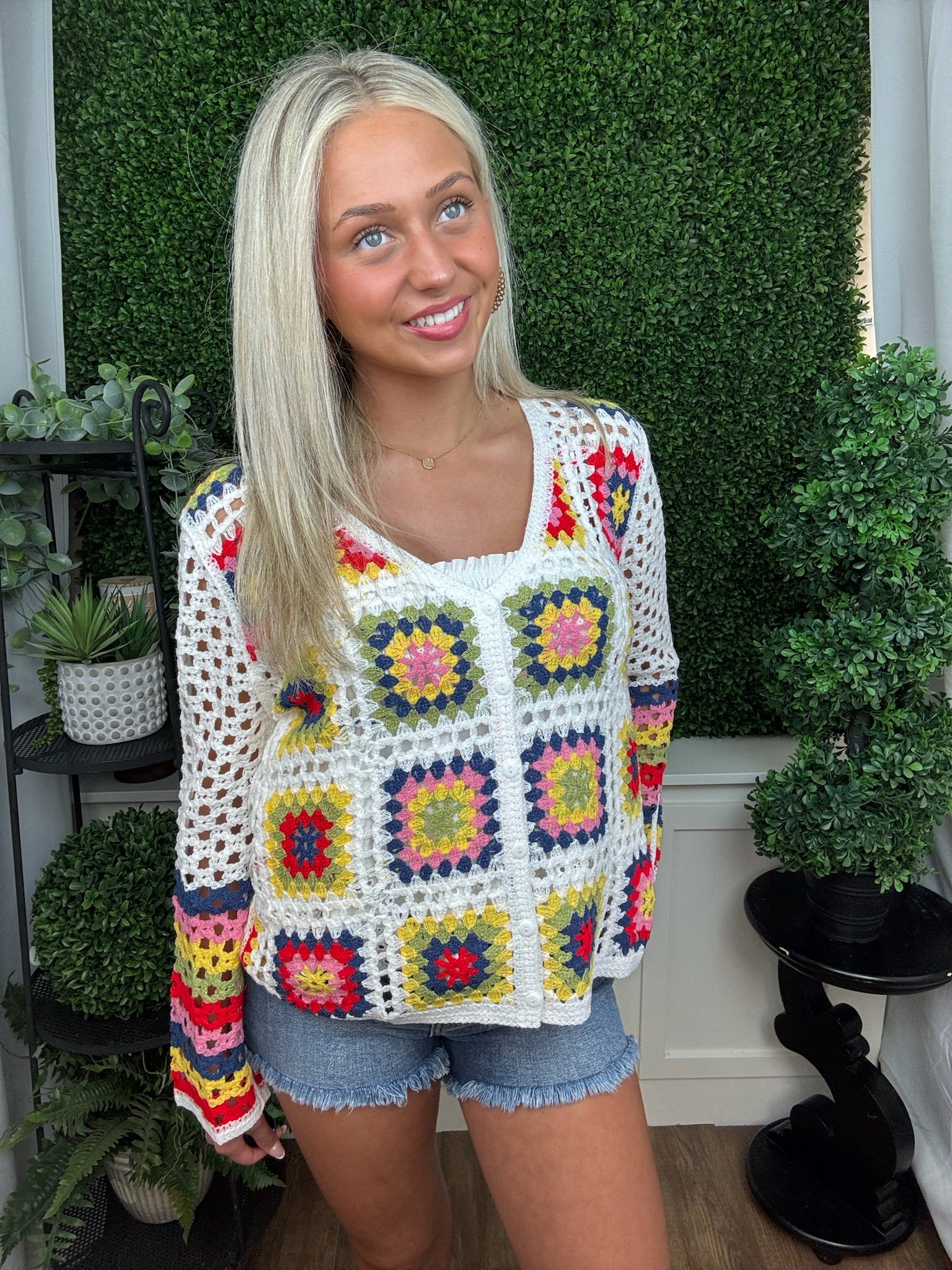 PATCHWORK BUTTON FRONT CROCHET CARDIGAN