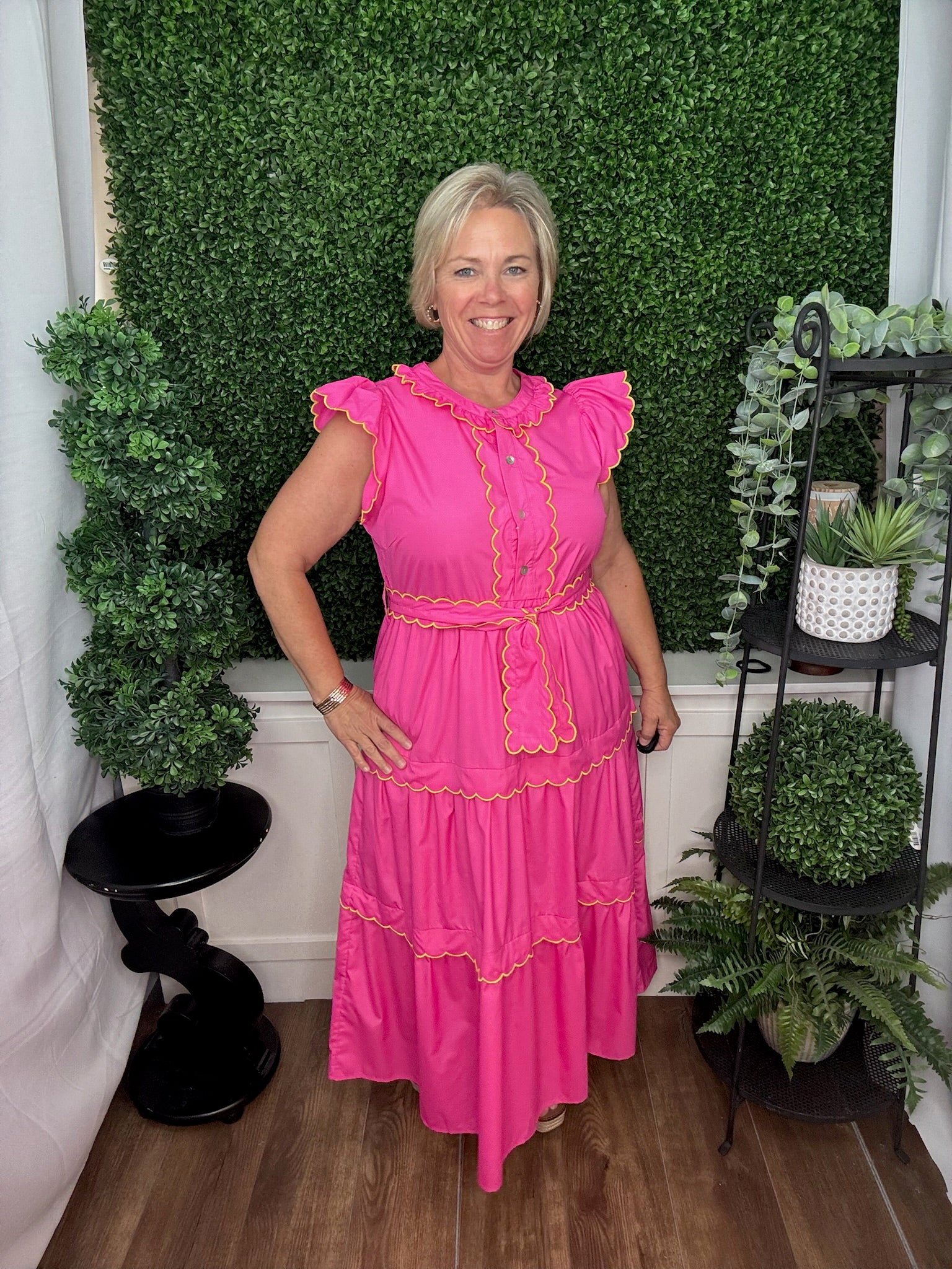 Tiered Midi Dress with Ruffle Sleeves and Tie Waist