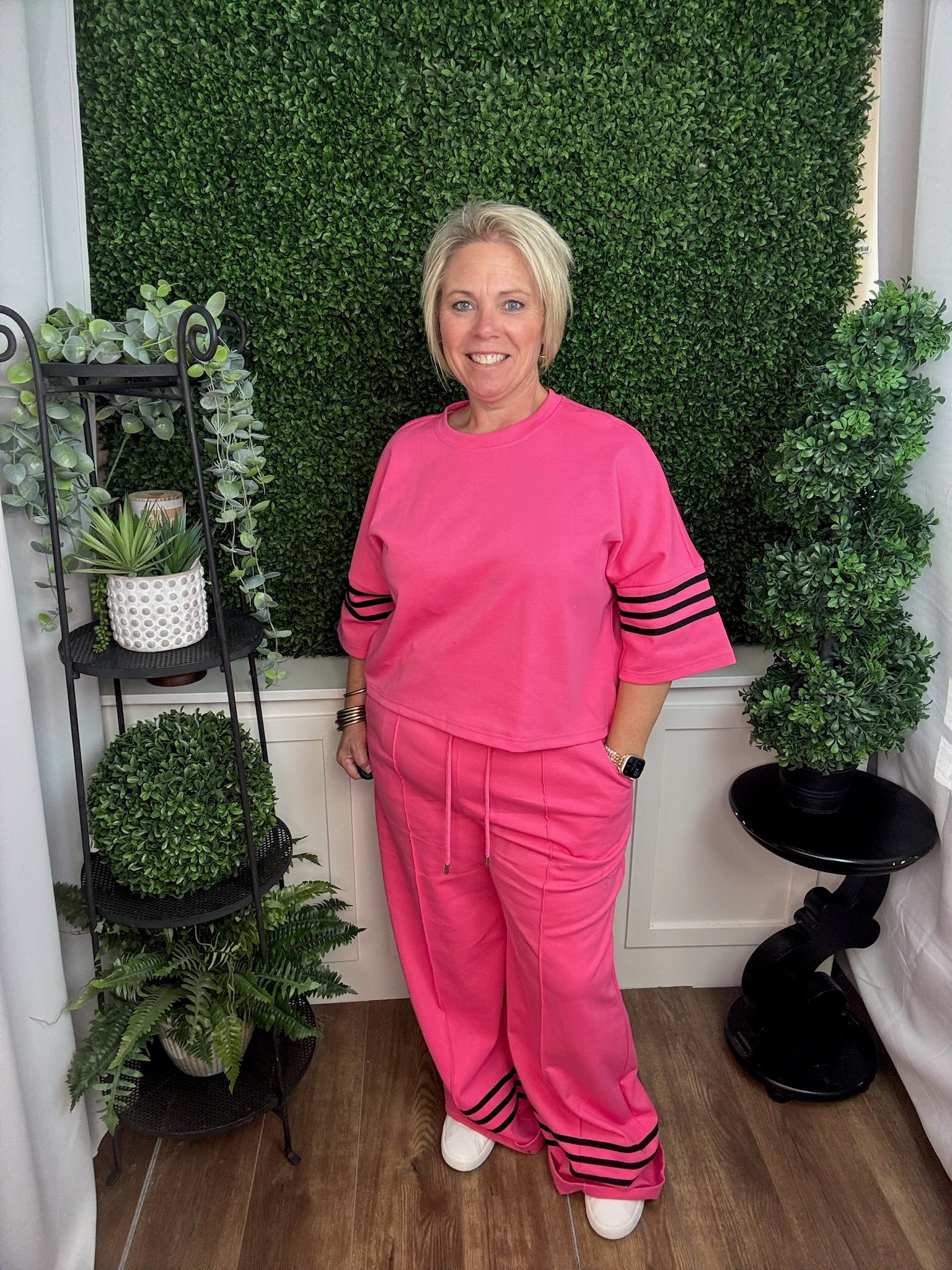 Pink Wide Leg Drawstring Pants with Stripe Detail
