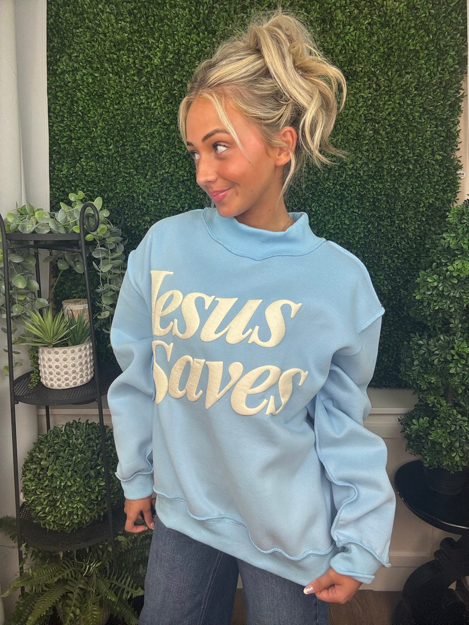 Jesus Saves Graphic Mock Neck Pullover