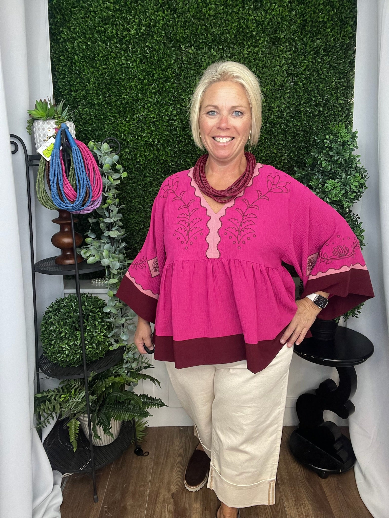 COLORBLOCK AIR FLOW OVERSIZED PEASANT BLOUSE - FUCHSIA COMBO