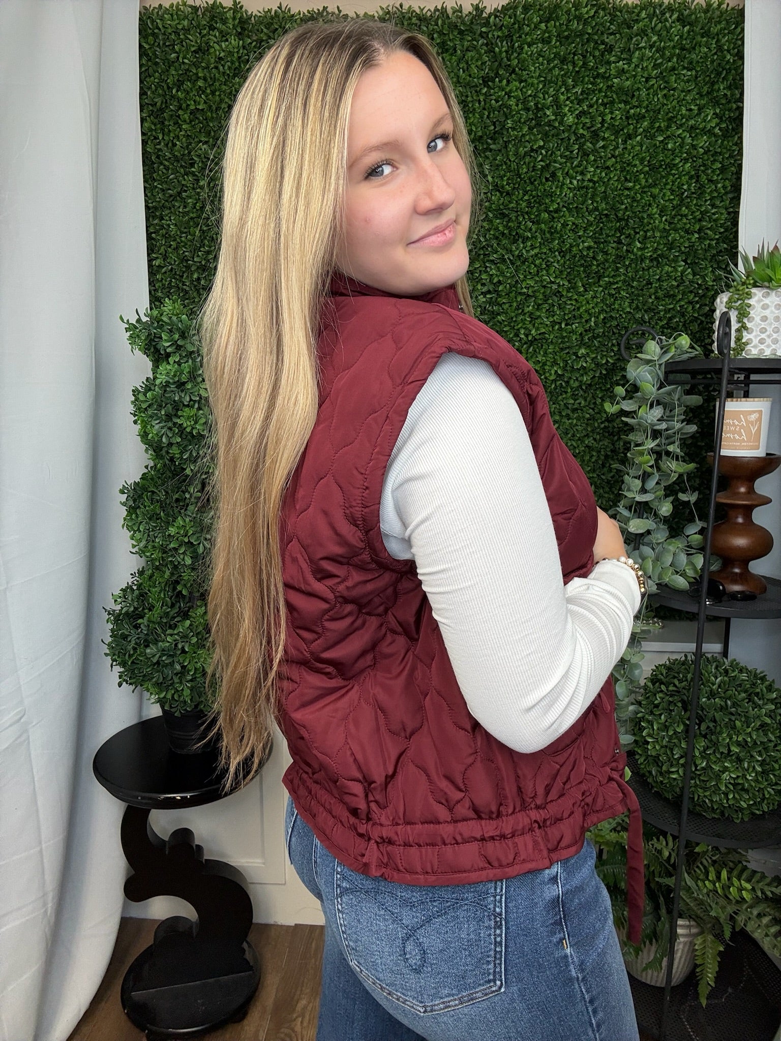 TIE DETAIL SNAP DOWN QUILTED PUFFER VEST