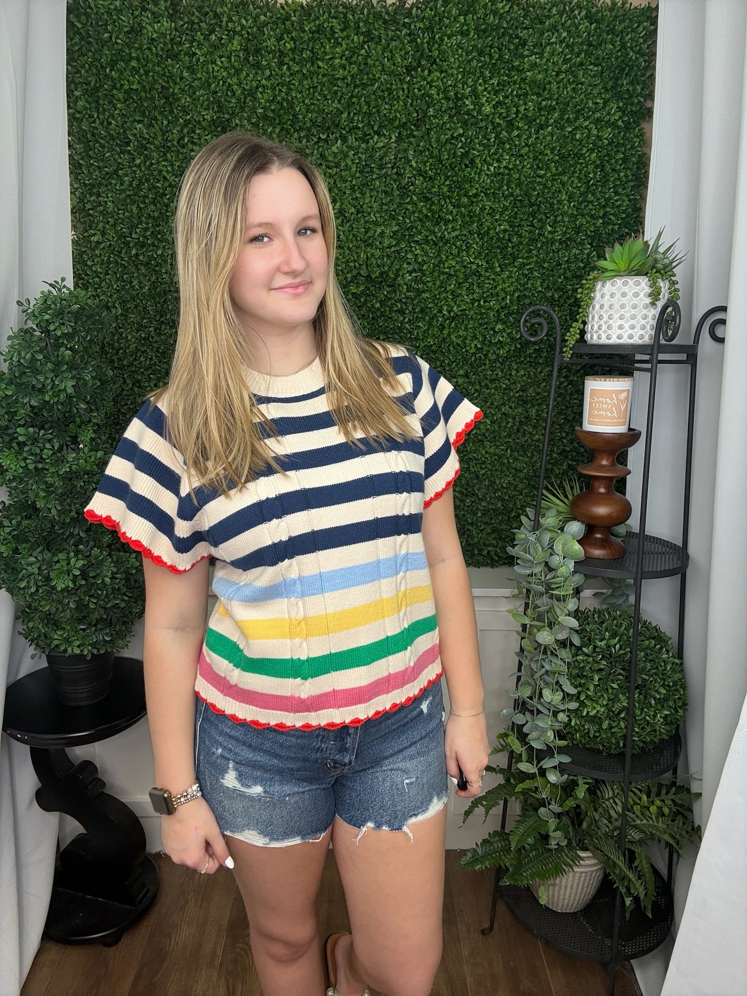 SHORT SLEEVE STRIPED KNIT TOP - CREAM