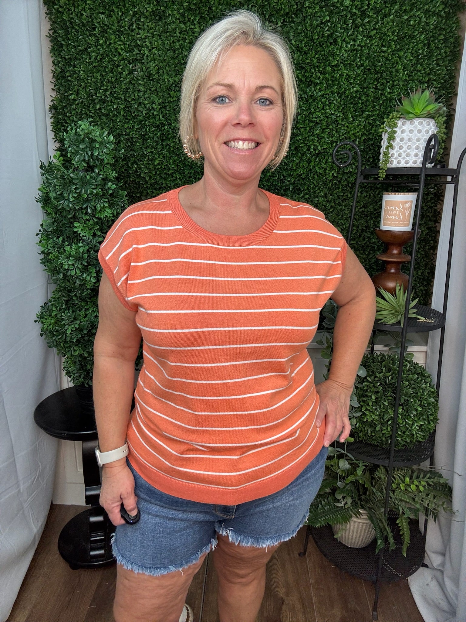 Orange & White Striped Short Sleeve Knit Top