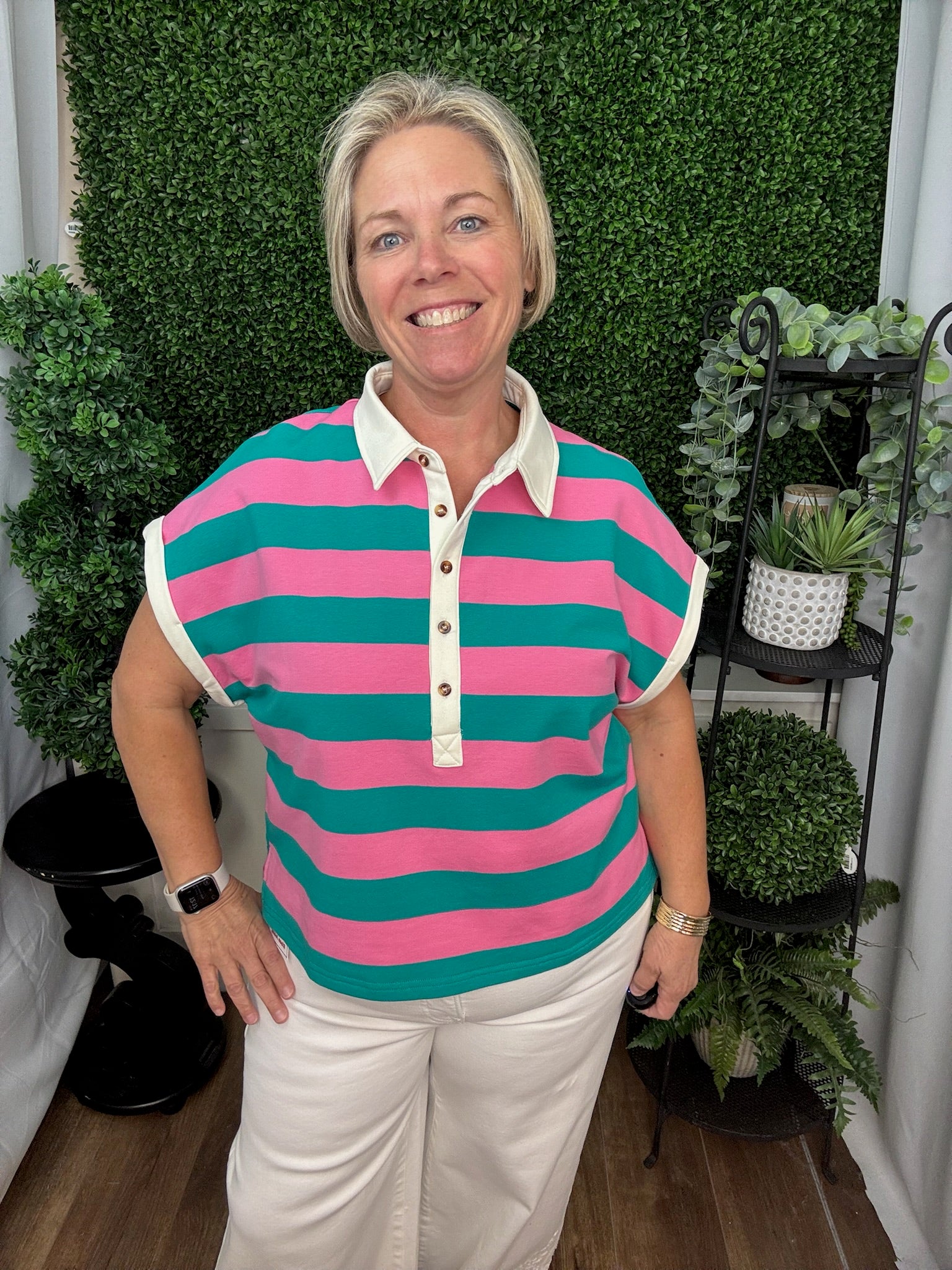 Striped Polo Knit Top with Contrast Collar