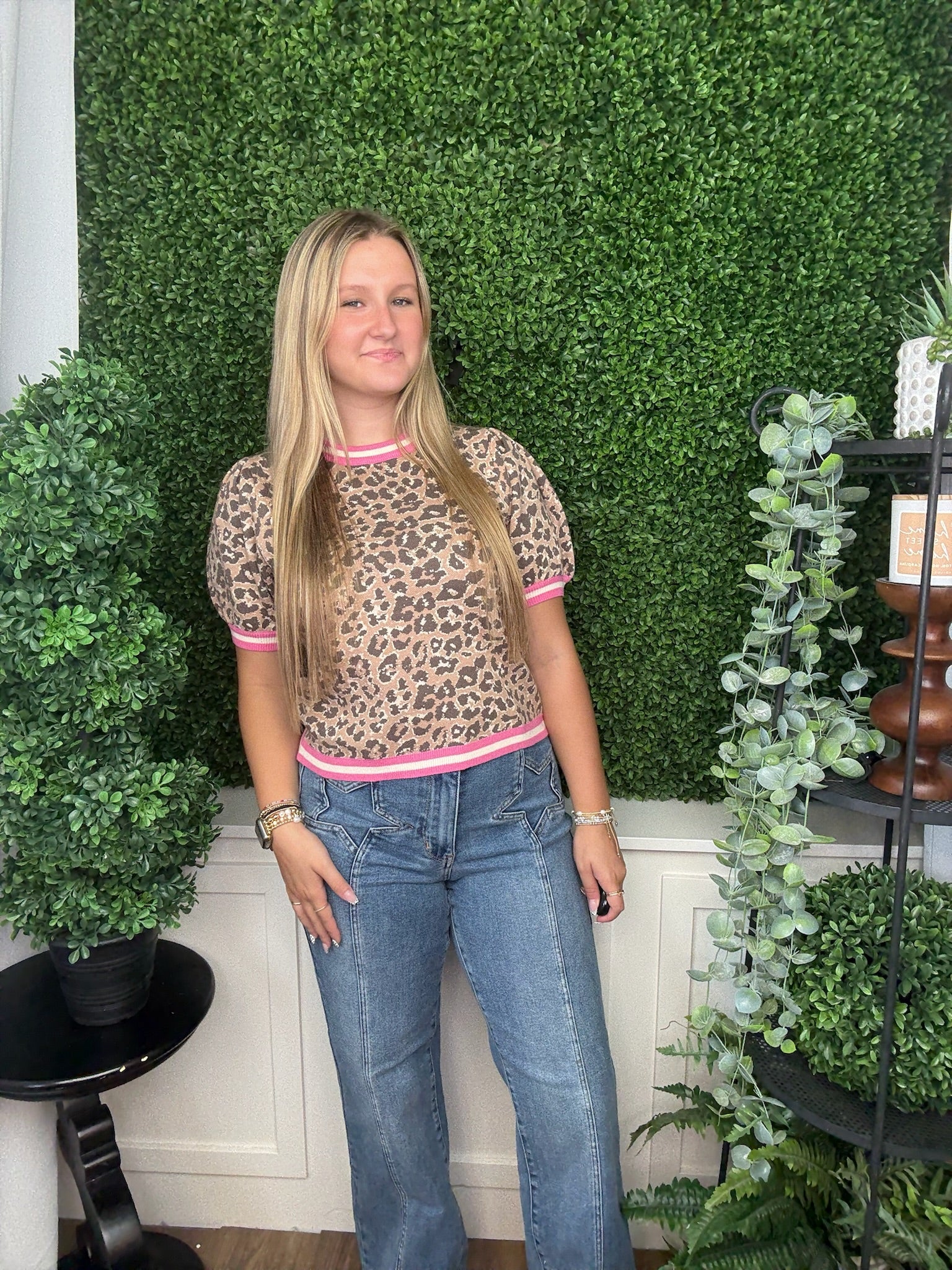 LEOPARD PATTERN SHORT PUFF SLEEVE KNIT TOP