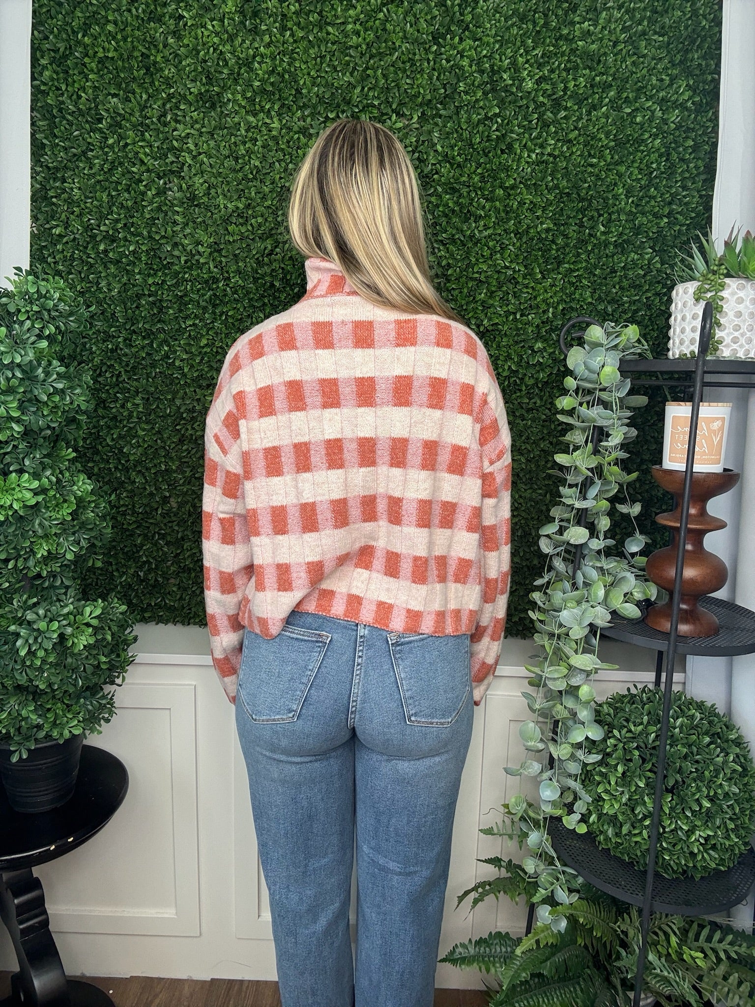 CHECKERED TURTLENECK SWEATER - RUST MULTI